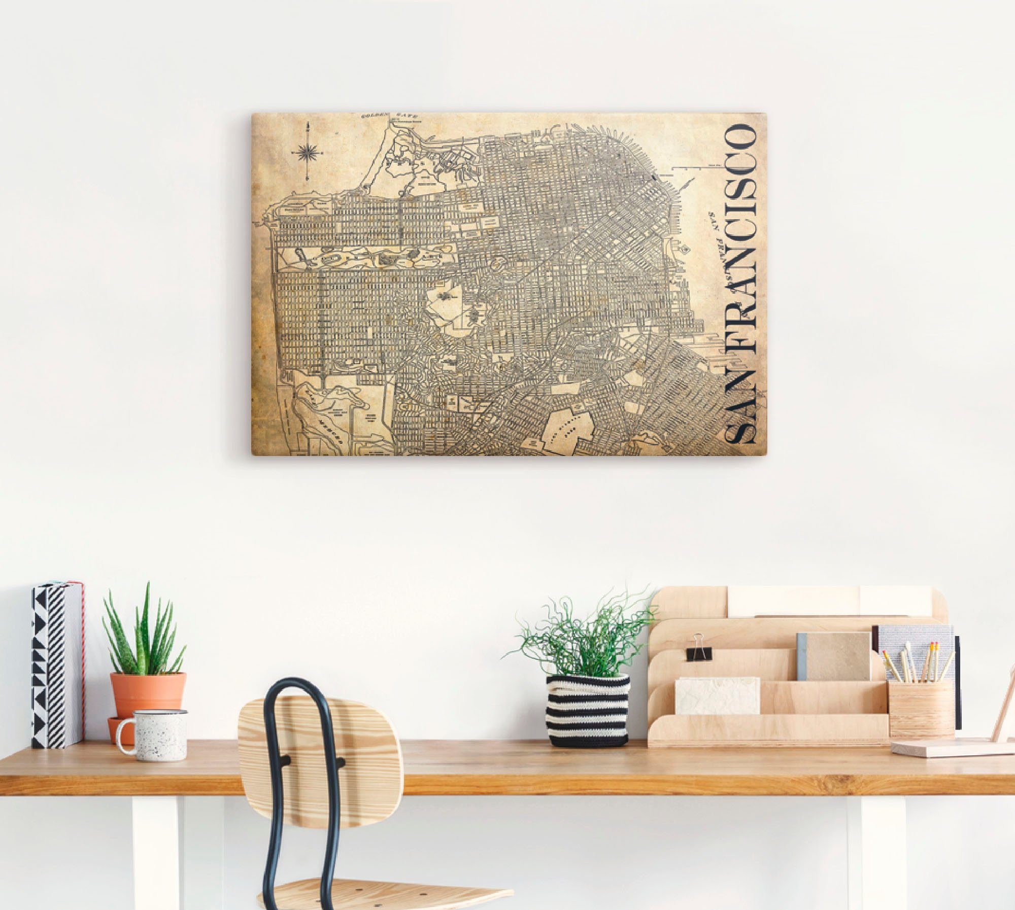 Artland Artprint San Francisco kaart straten kaart Sepia als artprint van aluminium, artprint op linnen, muursticker of poster in verschillende maten