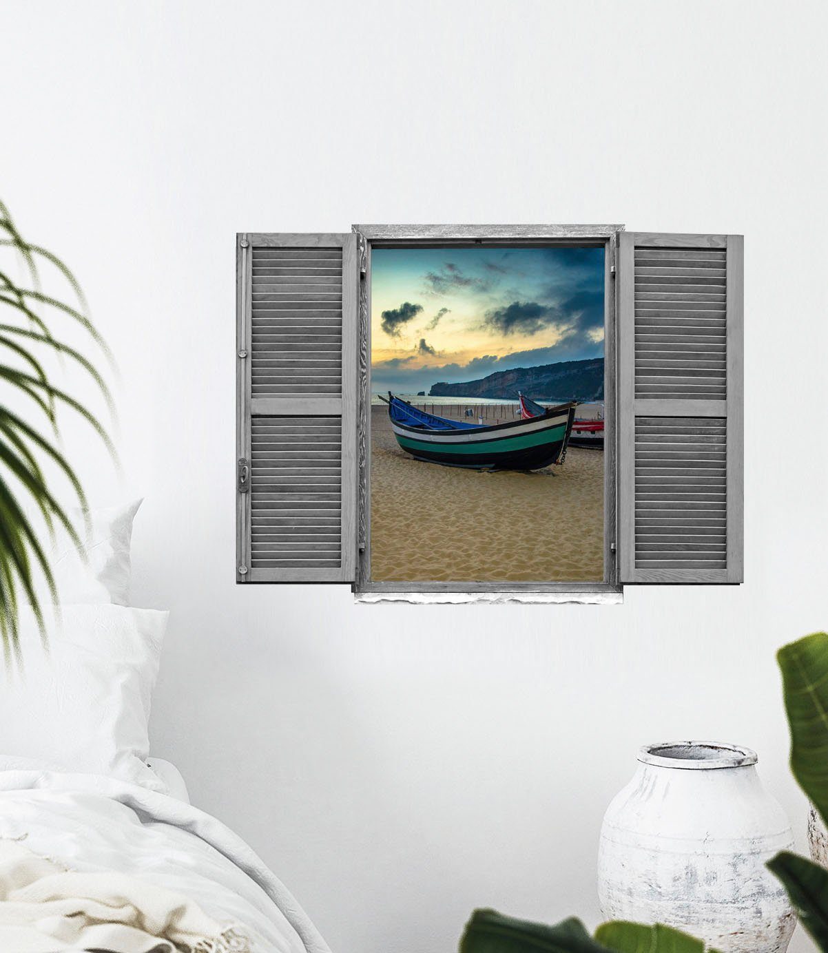 queence Wandfolie Boten aan het strand Muursticker, muurdecoratie, zelfklevend, 3D, raam (1 stuk)