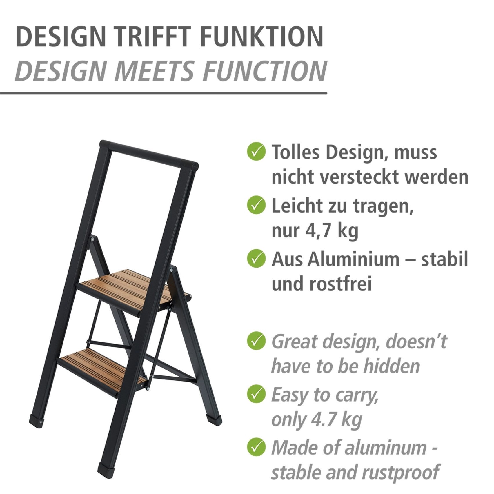 WENKO Huishoudtrapje Model Alu-Design Aluminium-design, XXL-treden, robuust aluminium in combinatie met bamboe