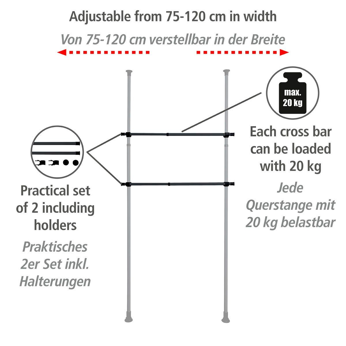 WENKO Garderobestang Herkules uittrekbaar tot120 cm (2-delig)