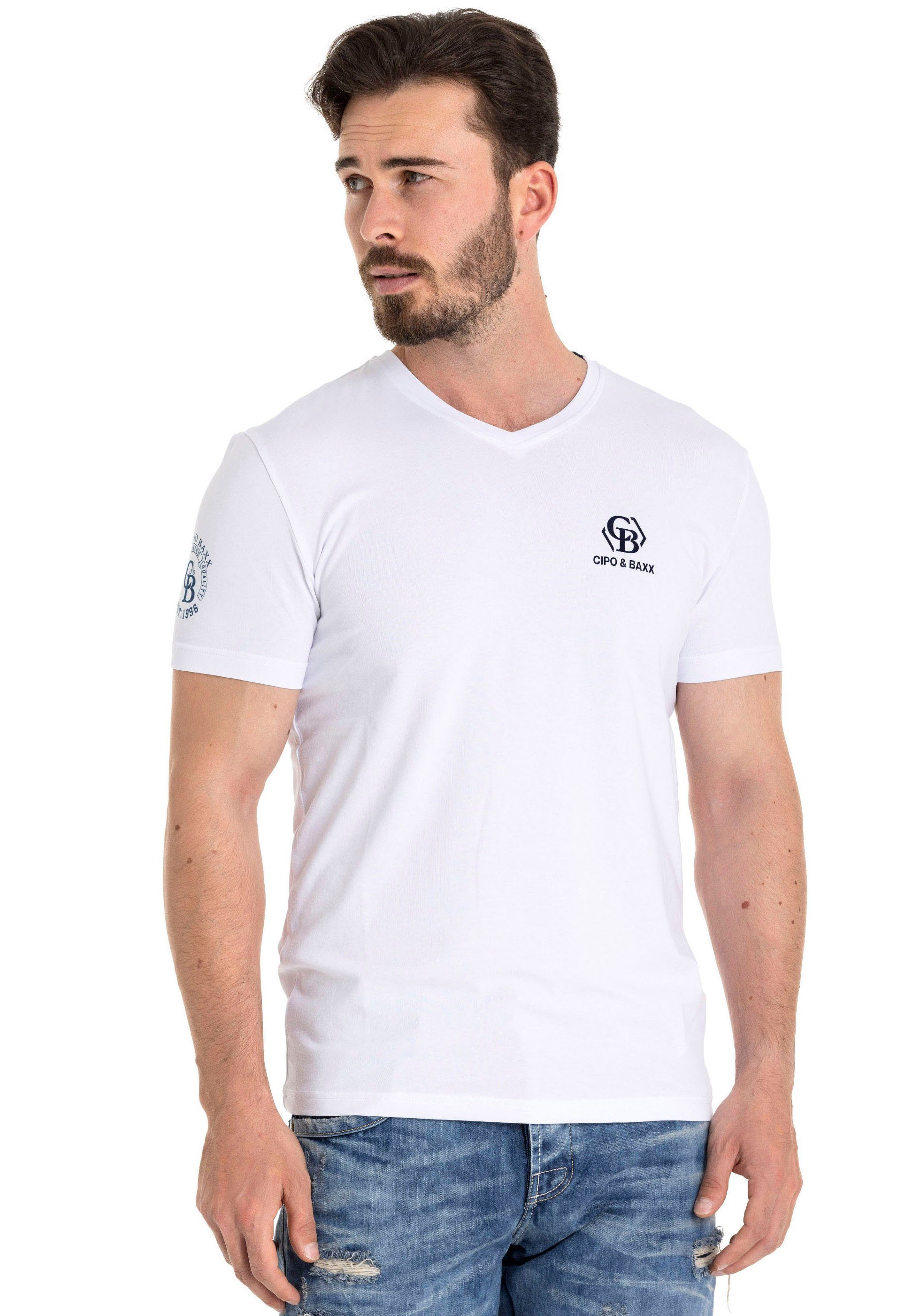 Cipo & Baxx Shirt met V-hals met merklabel in fluweel-look