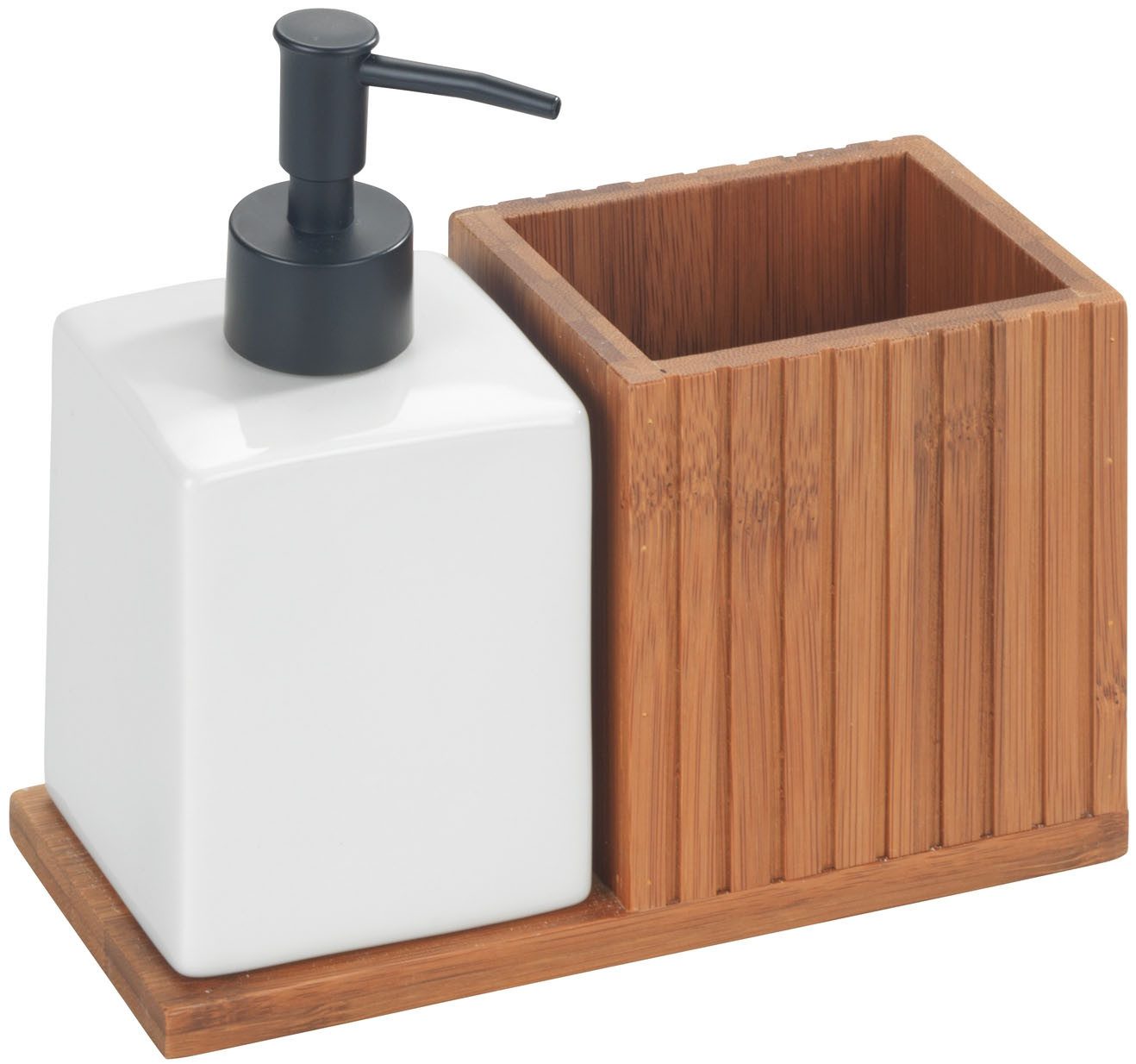 WENKO Dispenser voor afwasmiddel Modell Mera met utensilienhouder, keramiek & gerookt bamboe, landhuisstijl