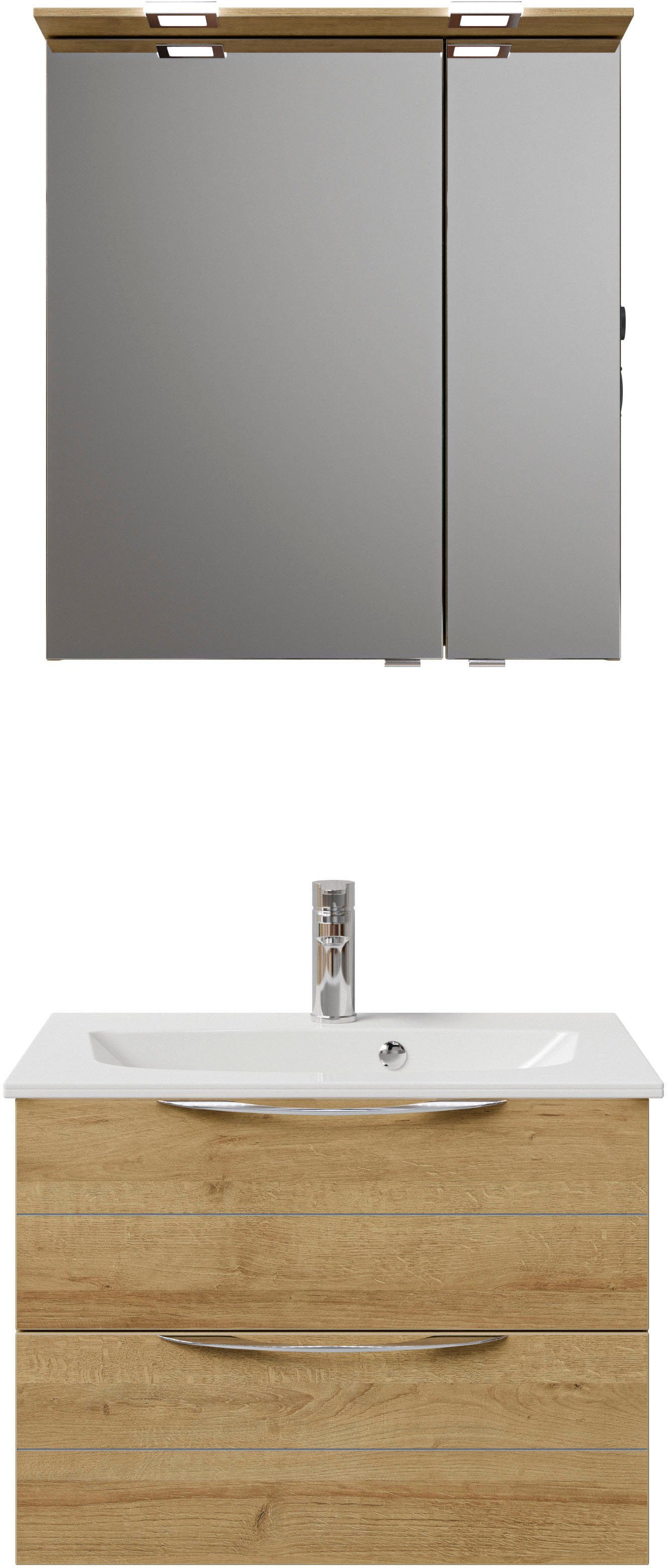 Saphir Badkamerserie Serie 6025 2-delig, mineraalmarmeren wastafel met led-spiegelkast Wastafelmeubel 67 cm breed, 2 laden, 2 spiegeldeuren, incl. deurdemper (2-delig)