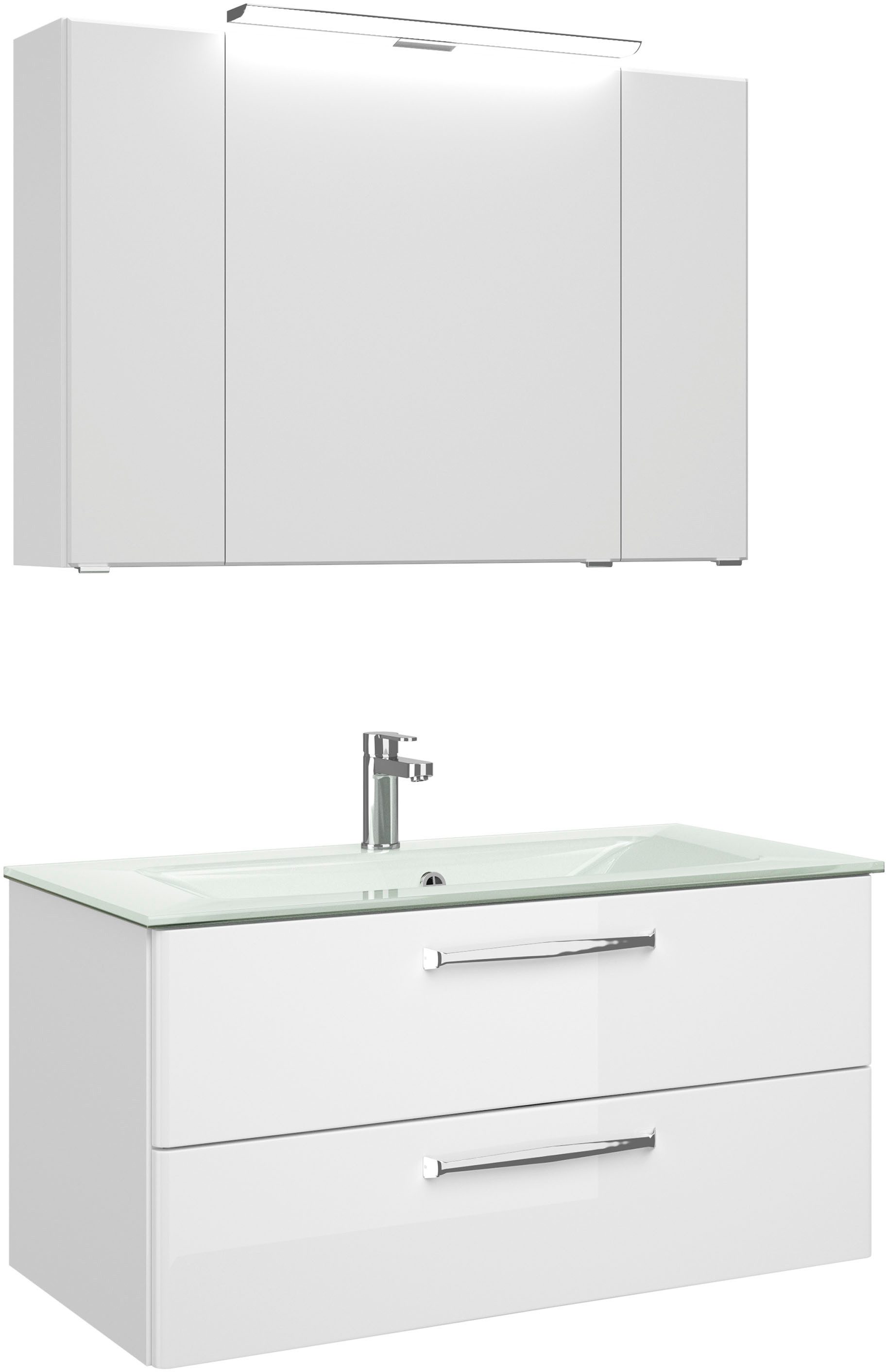 Saphir Badmeubelset Trentino 2-delig glazen wastafel, spiegelkast met LED-verlichting Badkamermeubel-set 107cm breed, incl. deurdemper, 3 deuren, 2