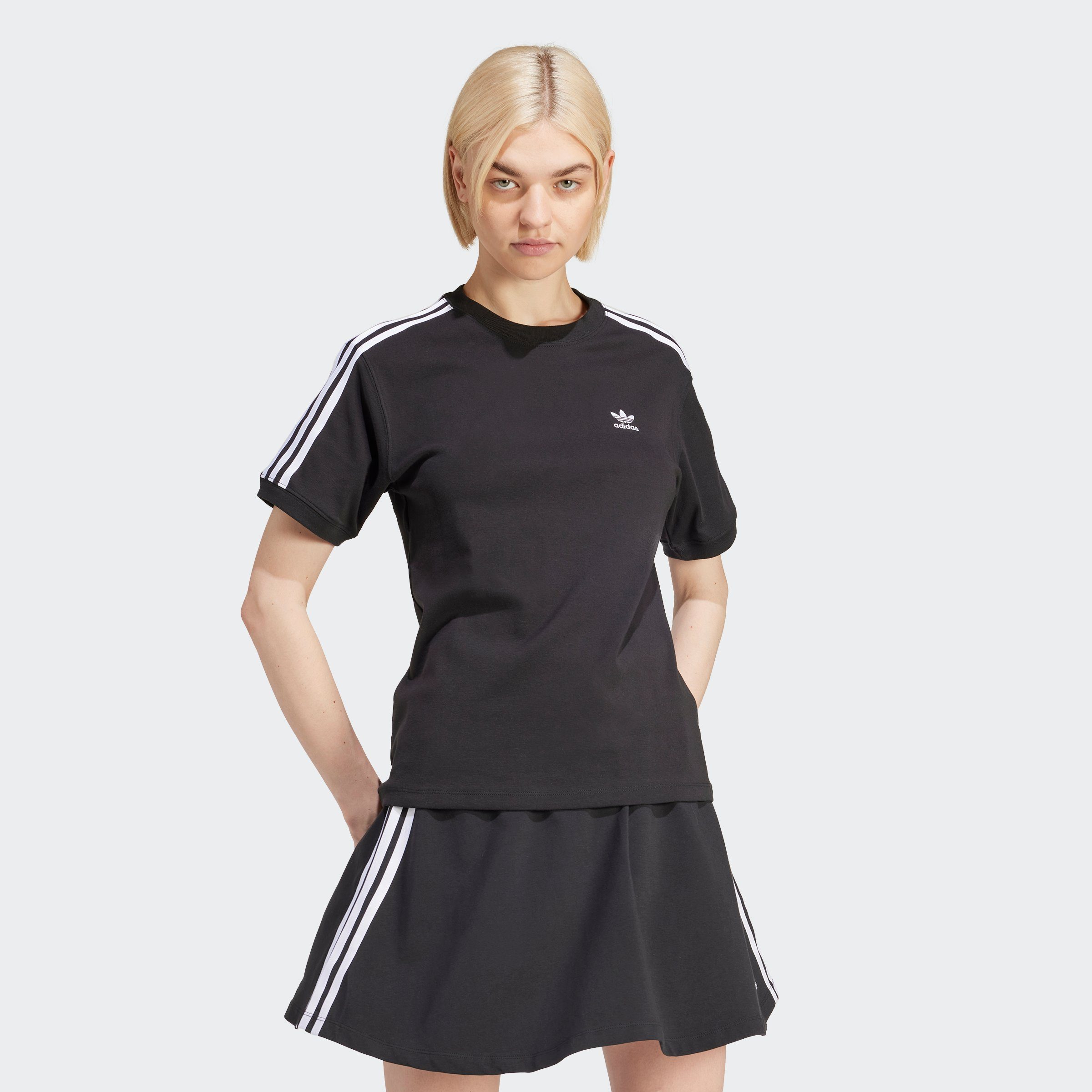 Adidas Originals Zwarte 3 Strepen Geribbeld T-shirt Black Dames