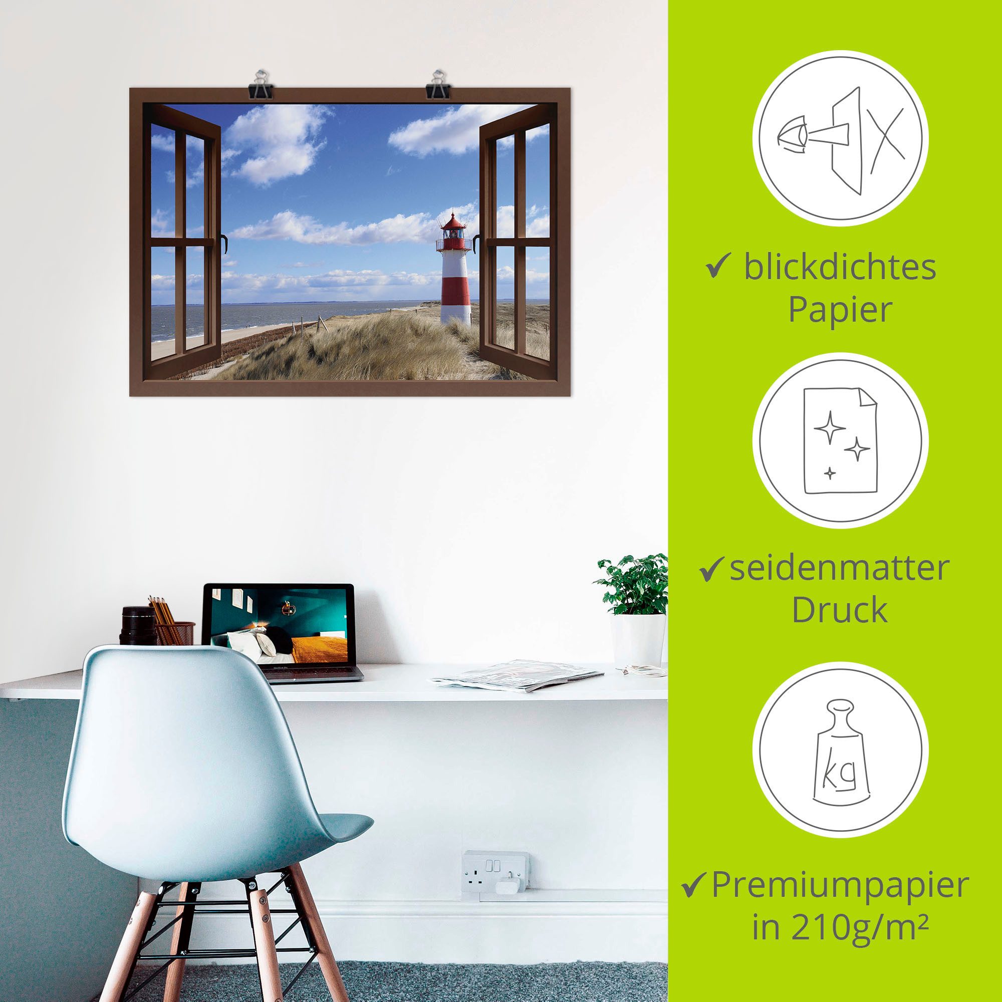 Artland Artprint Blik uit het venster - vuurtoren Sylt als artprint op linnen, poster in verschillende formaten maten