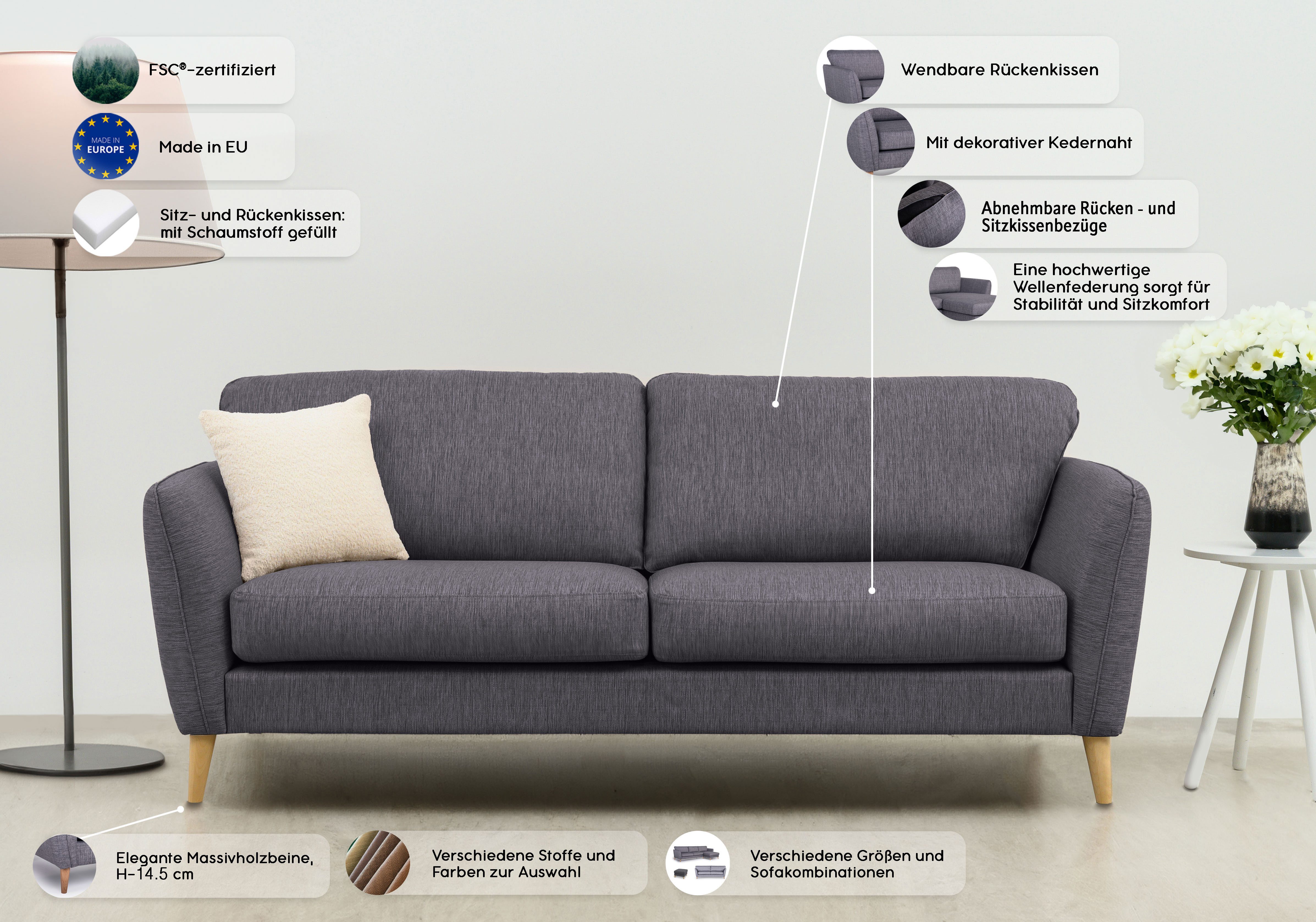 Home affaire 3-zitsbank MARSEILLE 3-zitsbank 206 cm, cord, vlakke weefsel, structuur, geweven stof