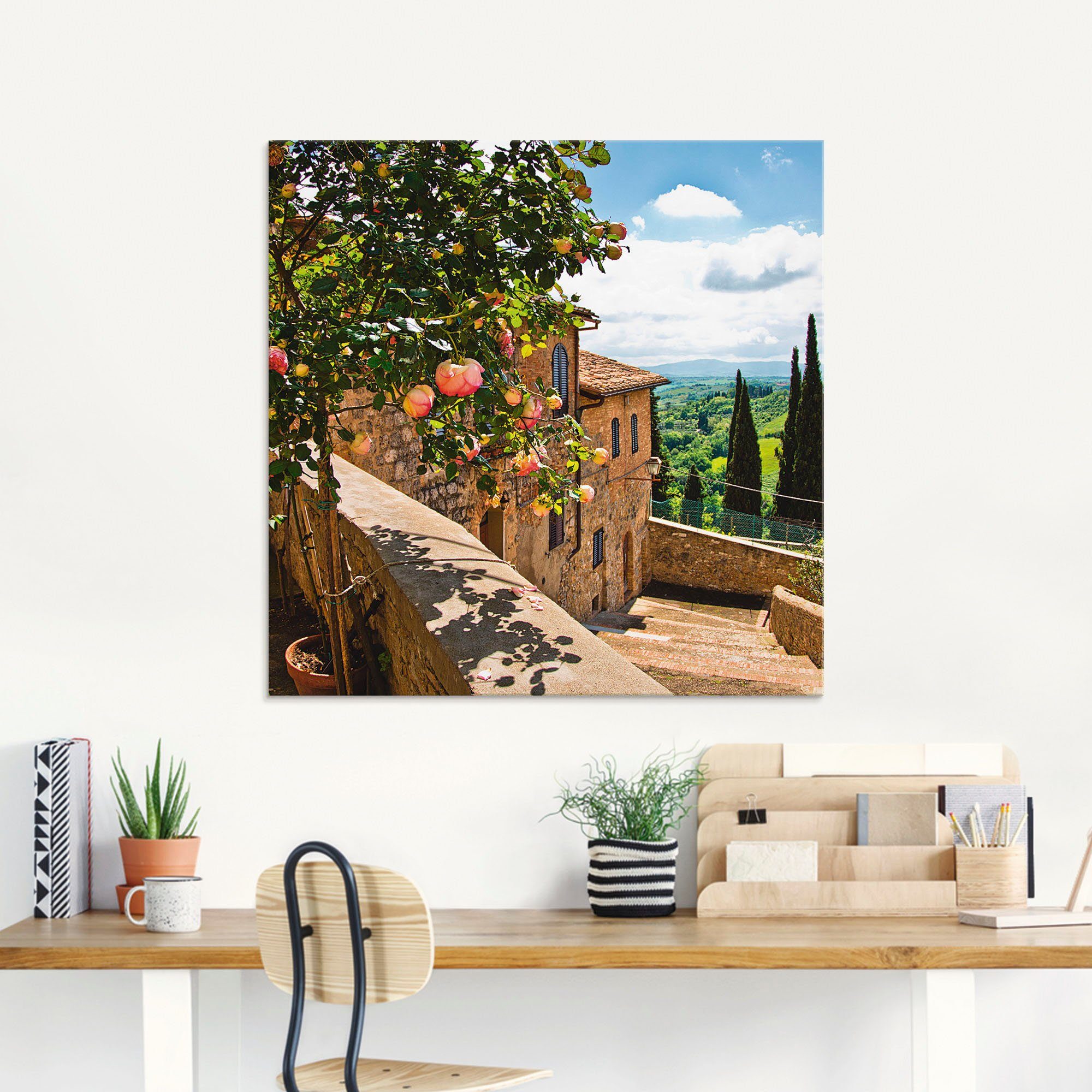 Artland Print op glas Rozen op balkon Toscaans landschap