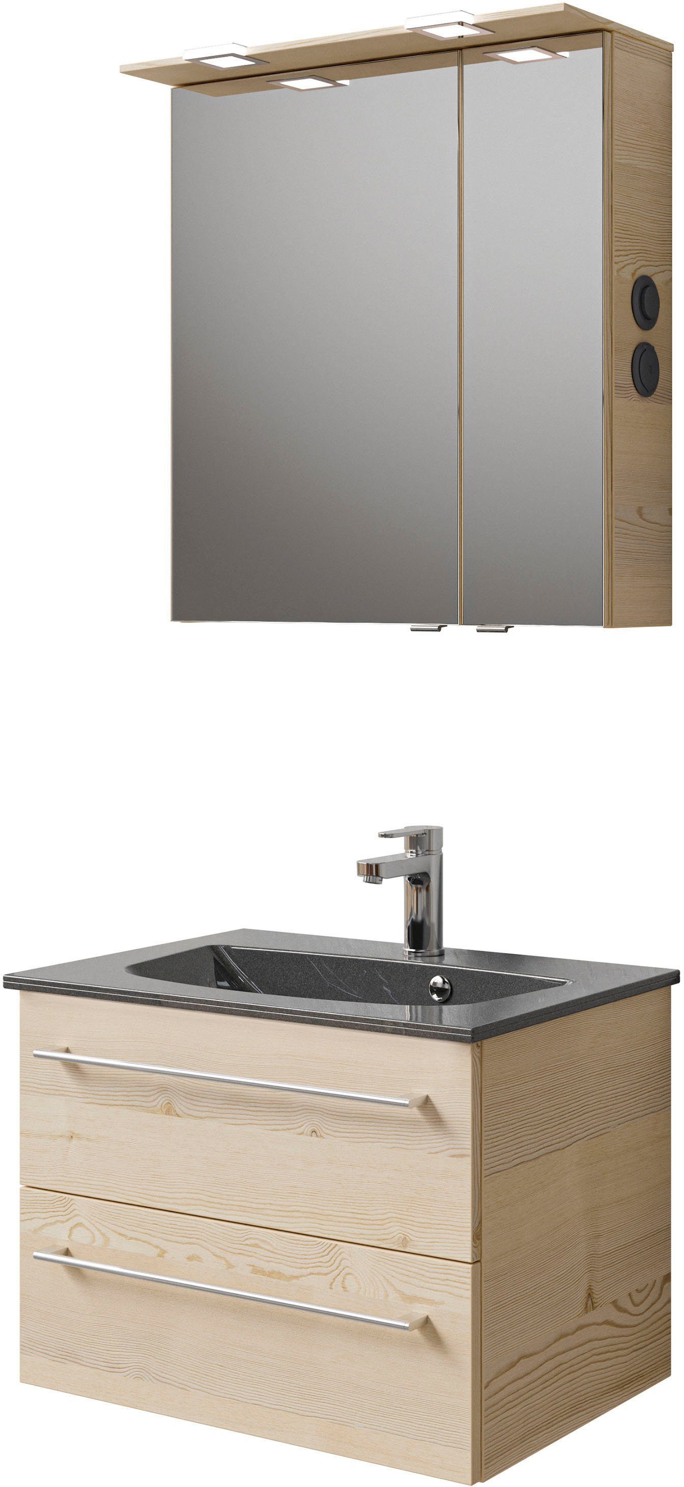 Saphir Badkamerserie Serie 6025 2-delig, mineraalmarmeren wastafel met led-spiegelkast Wastafelmeubel 67 cm breed, 2 laden, 2 spiegeldeuren, incl.