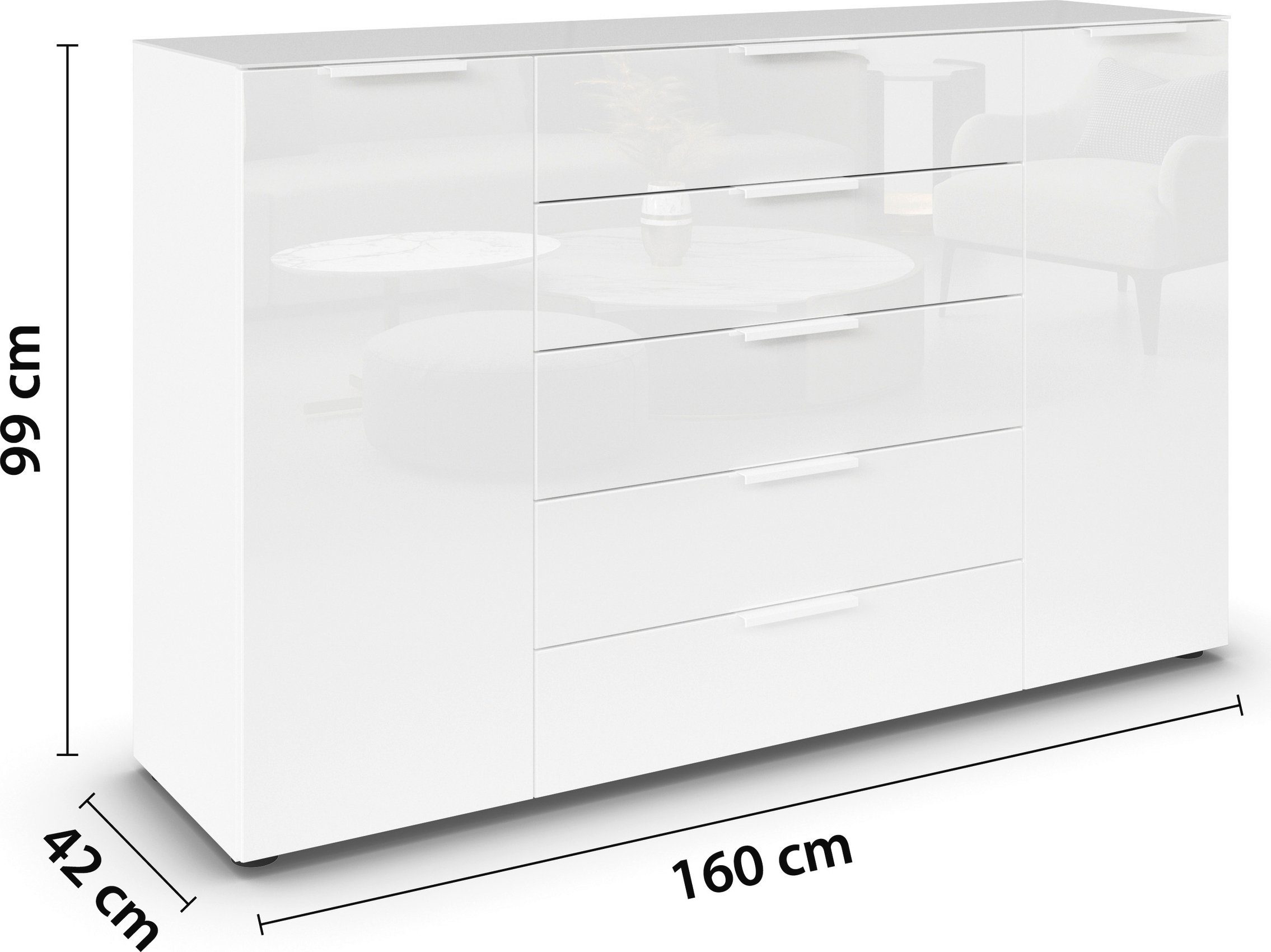 rauch Ladekast Flipp kast sideboard waskast 2-deurs, 5 laden, soft-close, bovenblad en glazen front, 2 breedtes