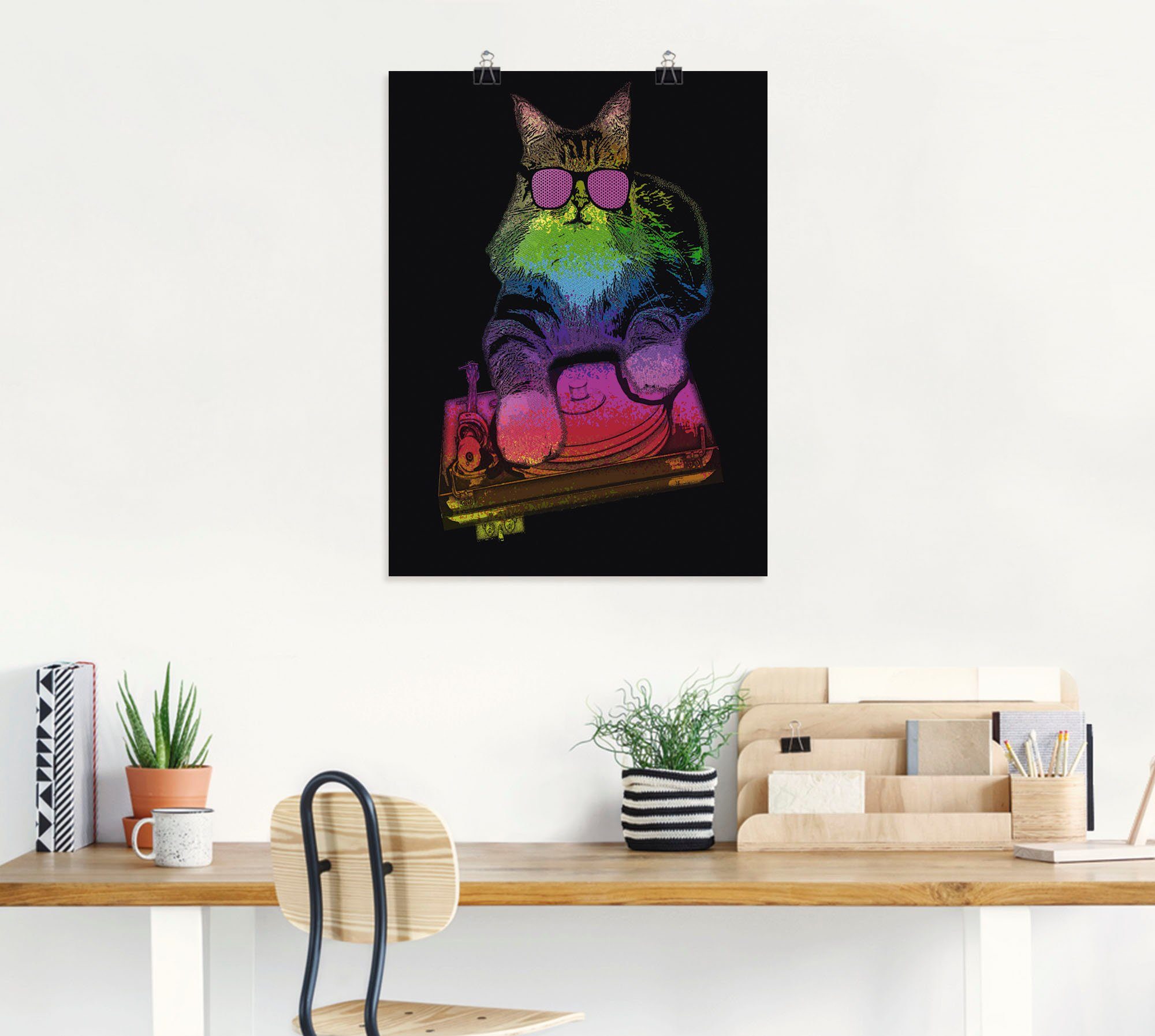 Artland Artprint Grappige dj kat party muziek als artprint van aluminium, artprint op linnen, muursticker of poster in verschillende maten