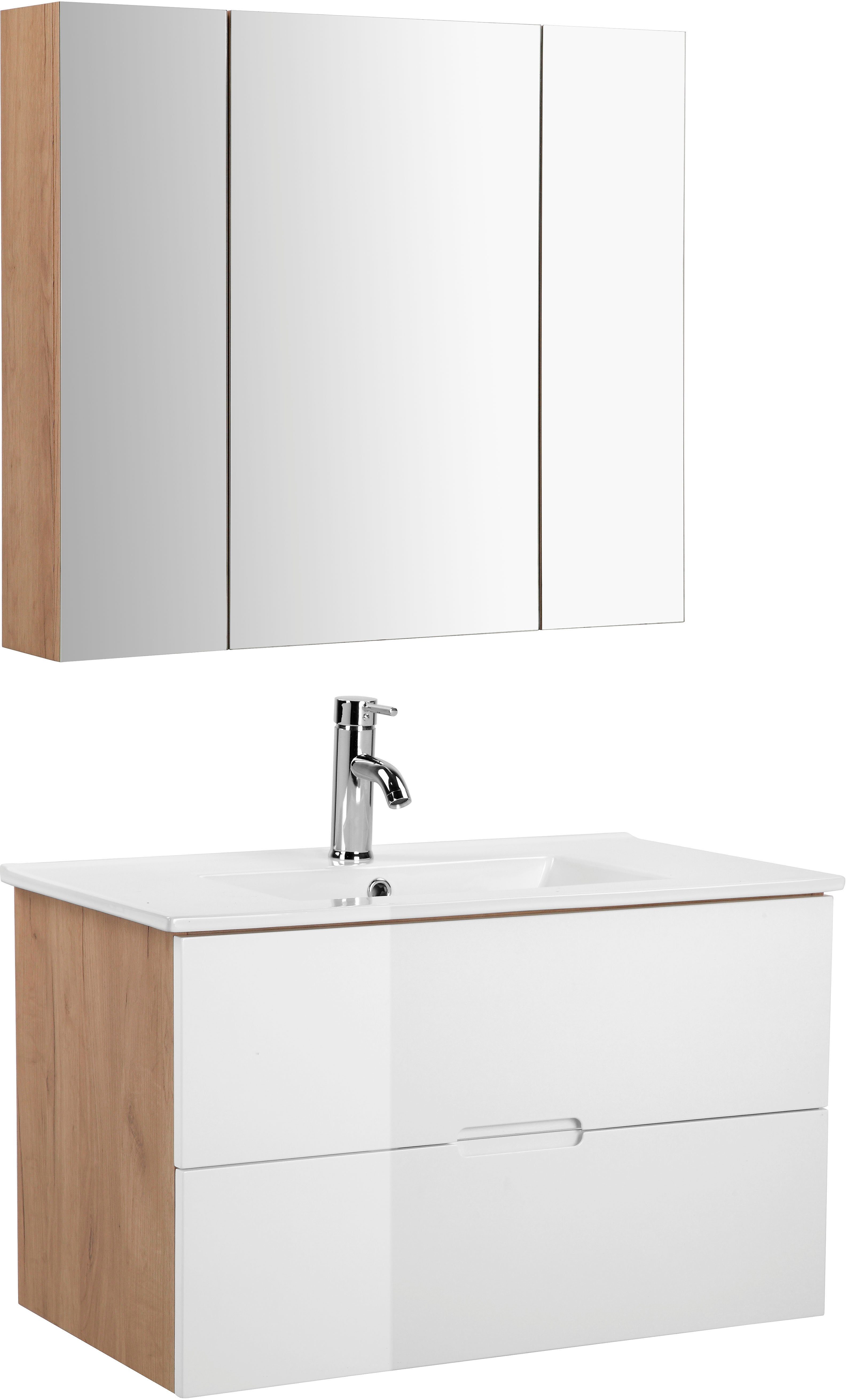 welltime Badkamerserie Lund badkamermeubelset badkamerkast badkamerset Wastafelonderkast, spiegelkast en bekken breedte 80 cm (complete set, 3-delig)