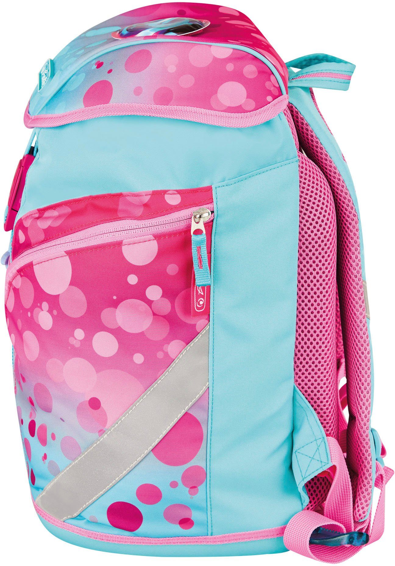 Herlitz Schoolrugzak SoftLight Plus GREENline, Pink Bubbles met afneembare applicatie en vilten hanger (set, 7-delig)