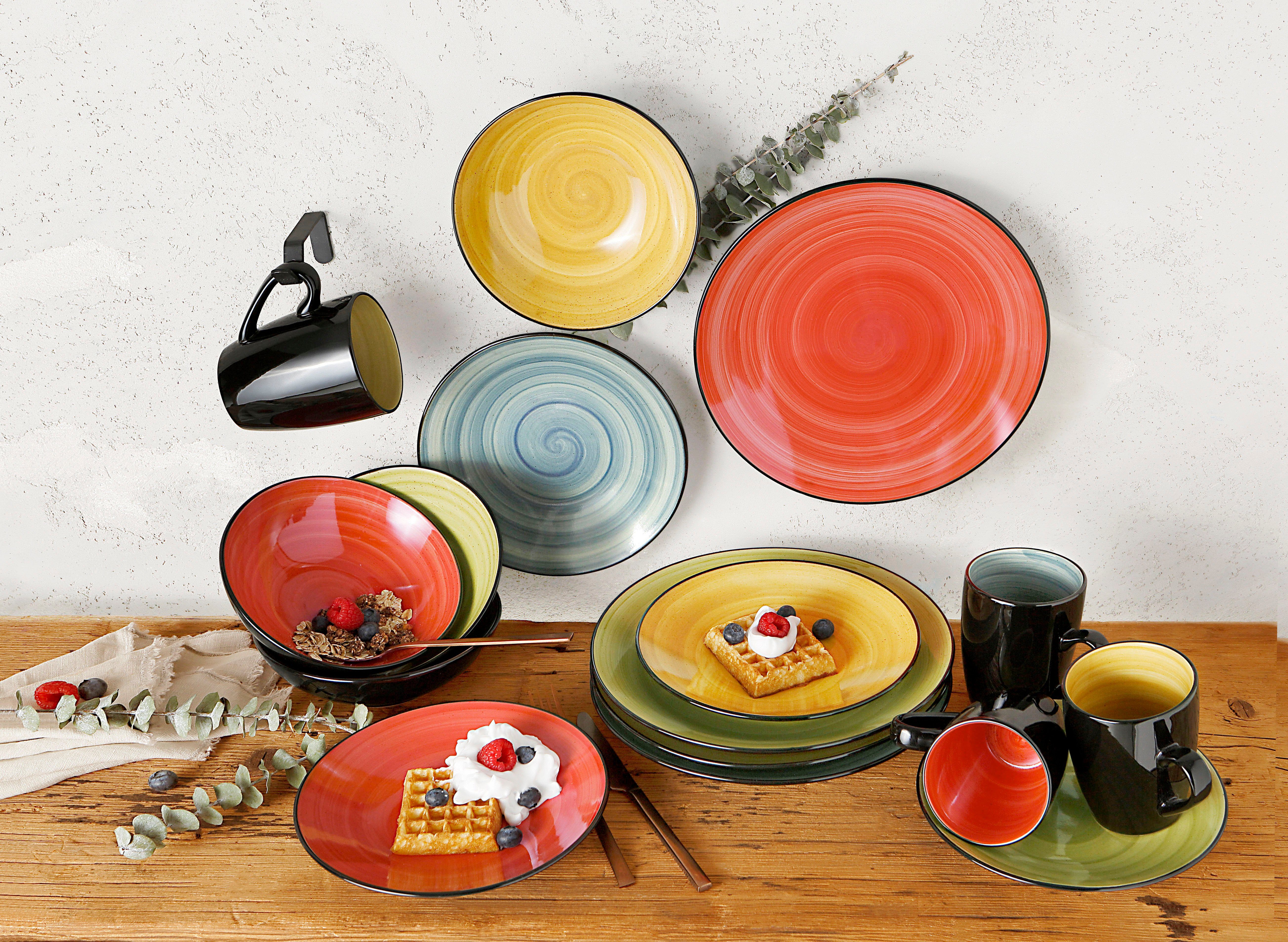 CreaTable Combi-servies Servies-set Samoa Servies, met de hand geschilderde spiraaldecoratie, 16 delen, voor 4 personen (set, 16-delig)