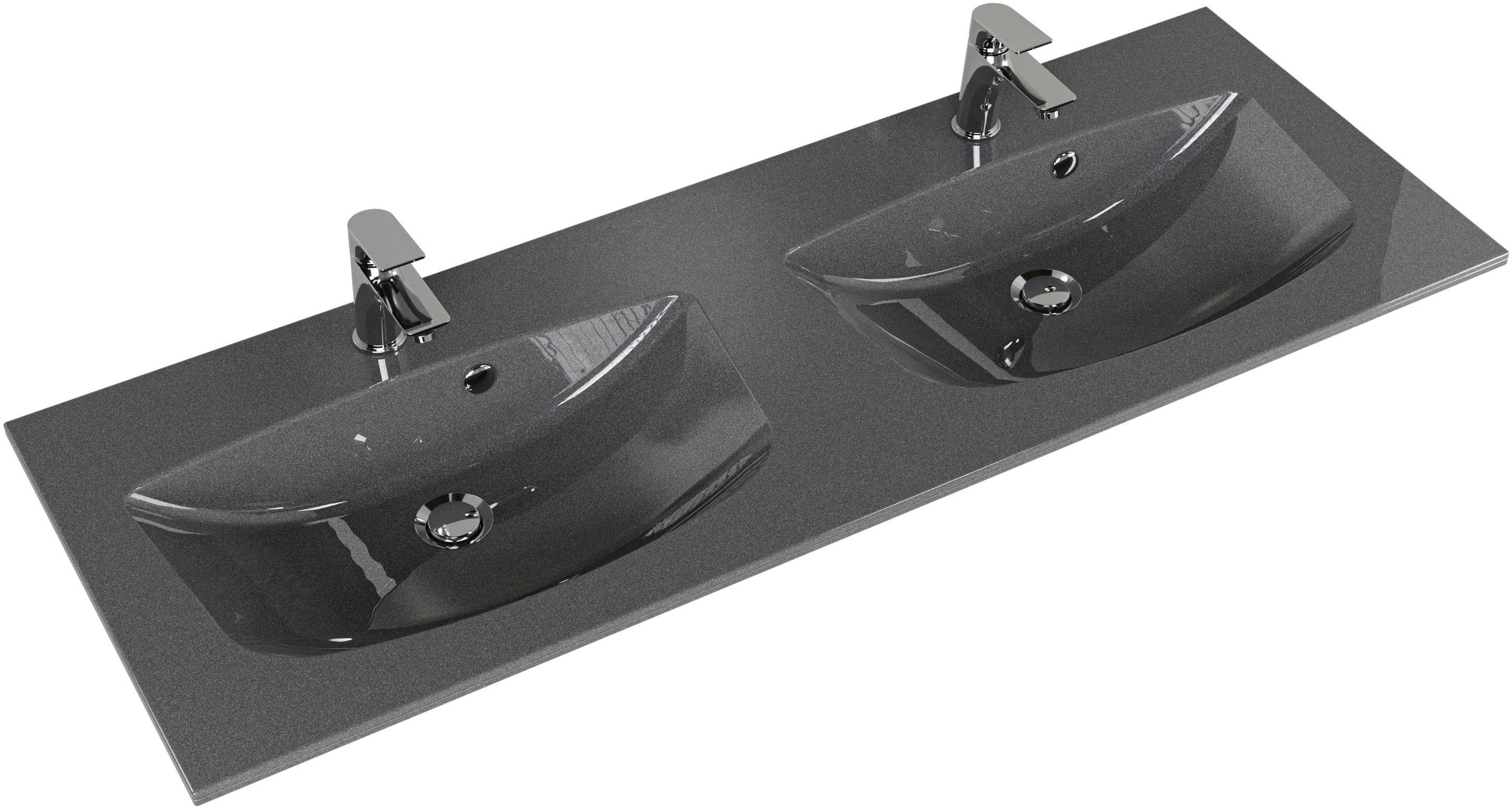 Saphir Badkamerserie Serie 6025 2-delig, mineraalmarmeren wastafel met led-spiegelkast Wastafelmeubel 132 cm breed, 4 laden, 2 spiegeldeuren, incl. deurdemper (2-delig)