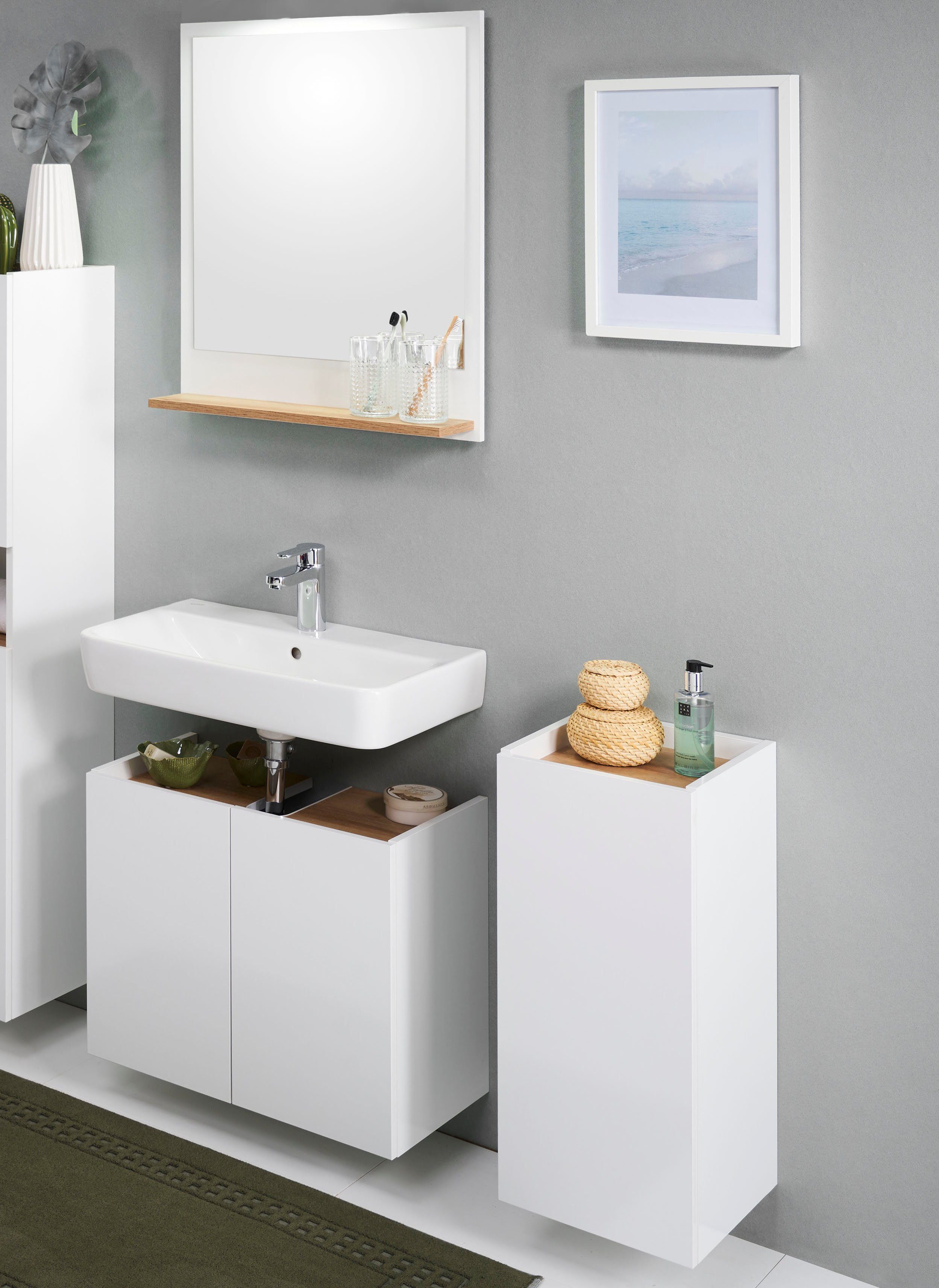 Saphir Badkamerserie Quickset 947 3-delig, wastafelonderkast met spiegel Onderkast, 3 deuren, 1 plank, inclusief deurdemper, glanzend wit (3-delig)