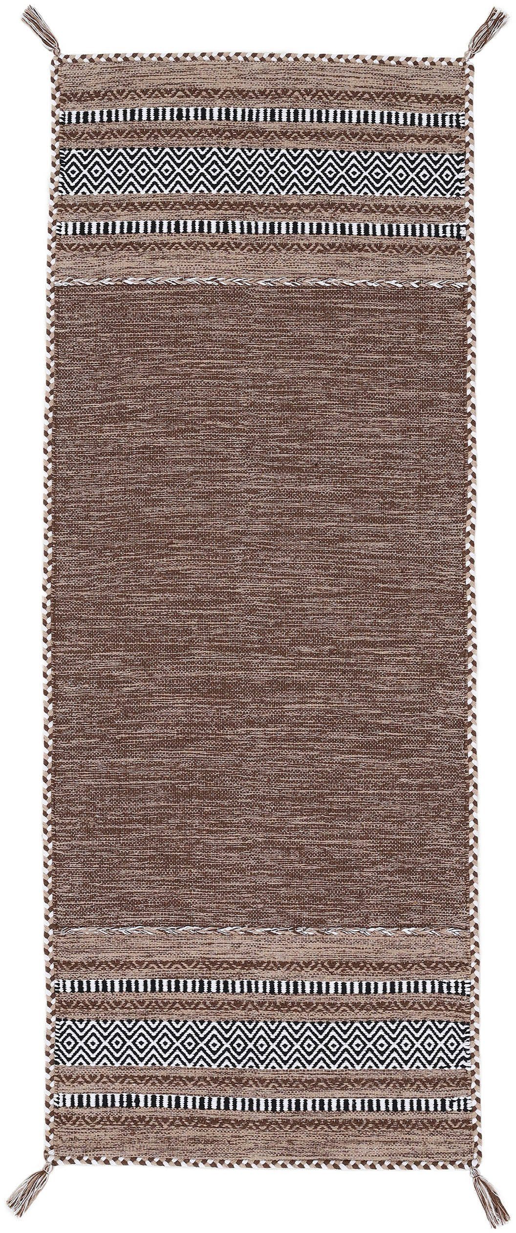 carpetfine Loper Kelim Azizi Katoenen, tweezijdig te gebruiken kleed met franje, woonkamer lopers maat 75x200 cm bruin