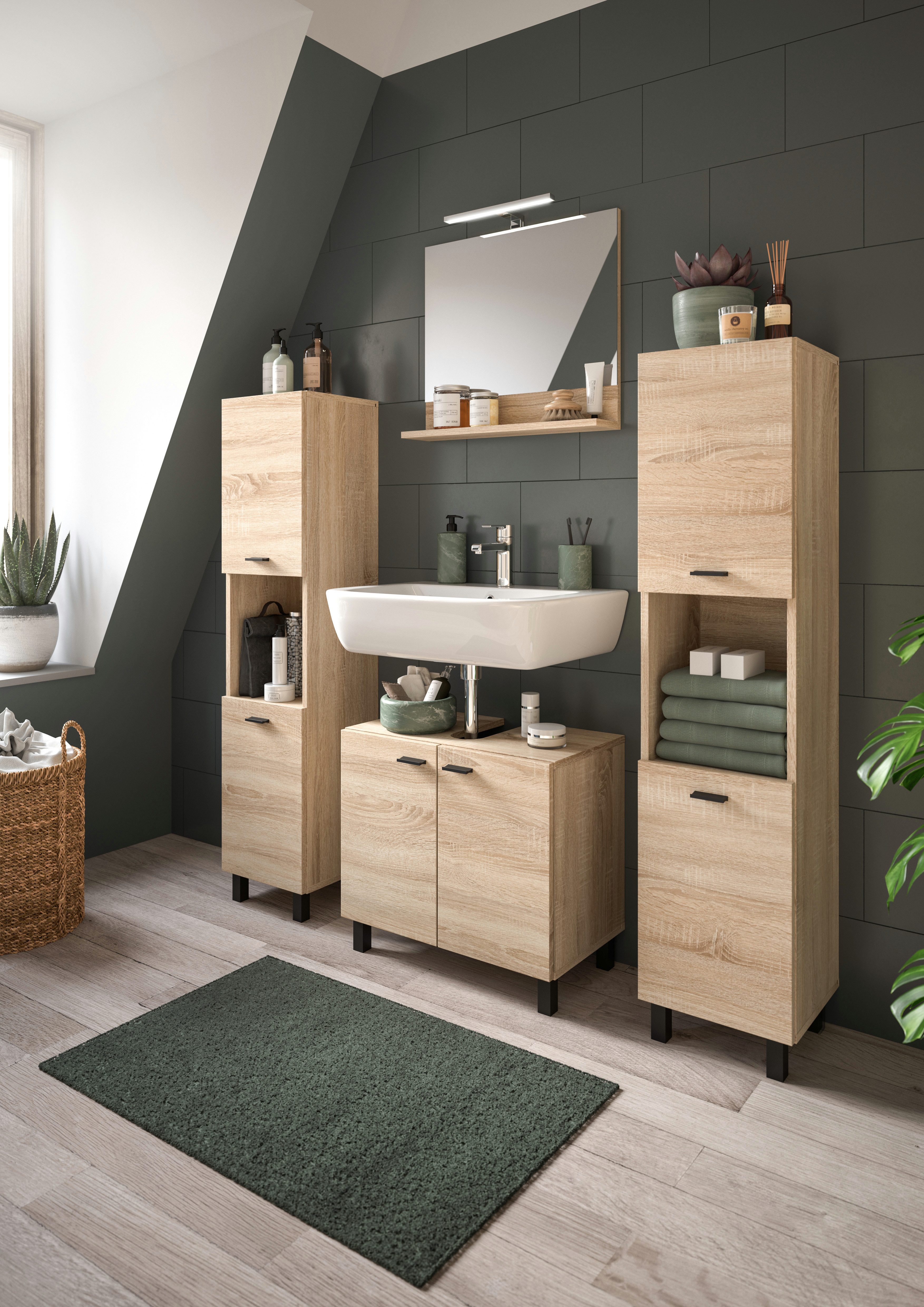 welltime Badmeubelset Tampa, breedte 137cm, 4-delig Wastafelonderkast, spiegel, hoge kast (4 stuks)