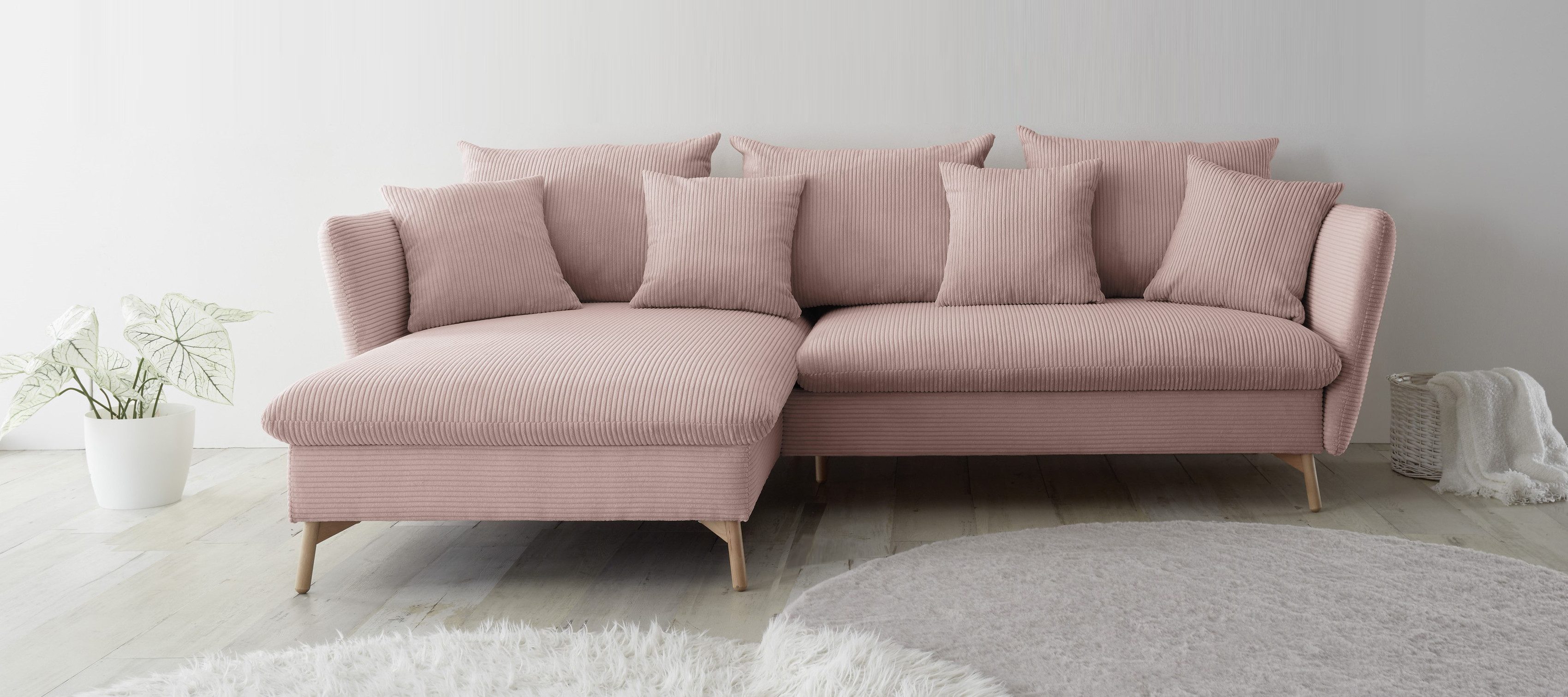 andas Hoekbank MERLE, 258 cm, L-vorm, prachtige corduroy, met slaapfunctie en bedlade, ligoppervlak 224 x 139 roze, hoekbanken, Breedte ligoppervlak: