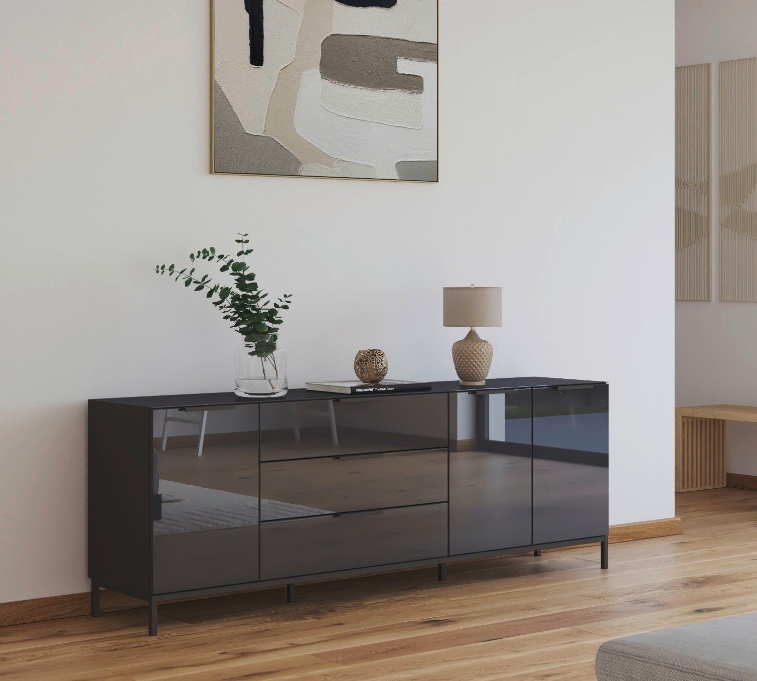 rauch Kast met laden en deuren Commode deurkast sideboard combikast FLIPP met glasfront 3-deurs, 3 lades, soft-close functie, bovenblad en glazen front