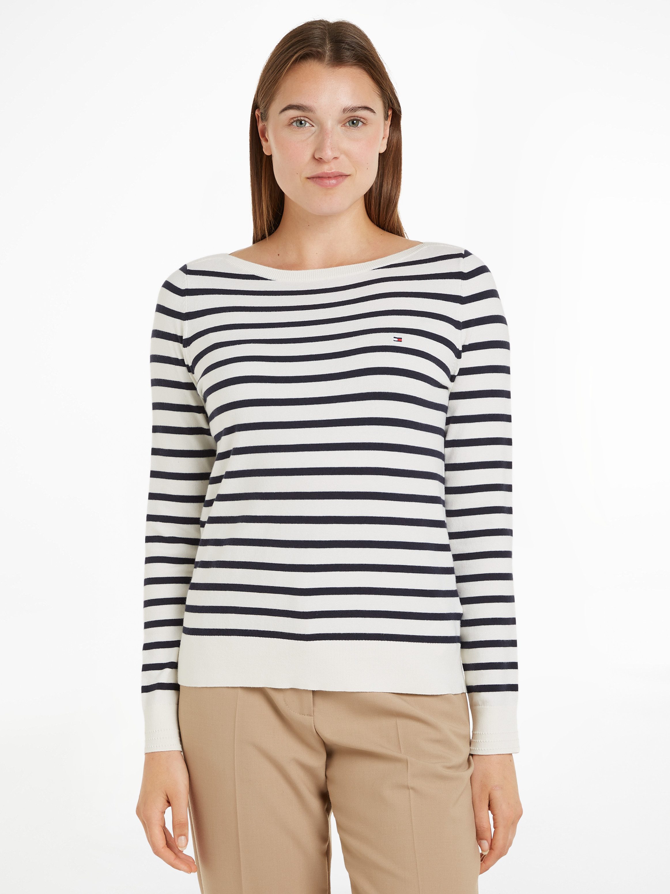 Tommy Hilfiger Gebreide trui CO JERSEY STITCH BOAT-NK SWEATER met -merklabel op de mouw