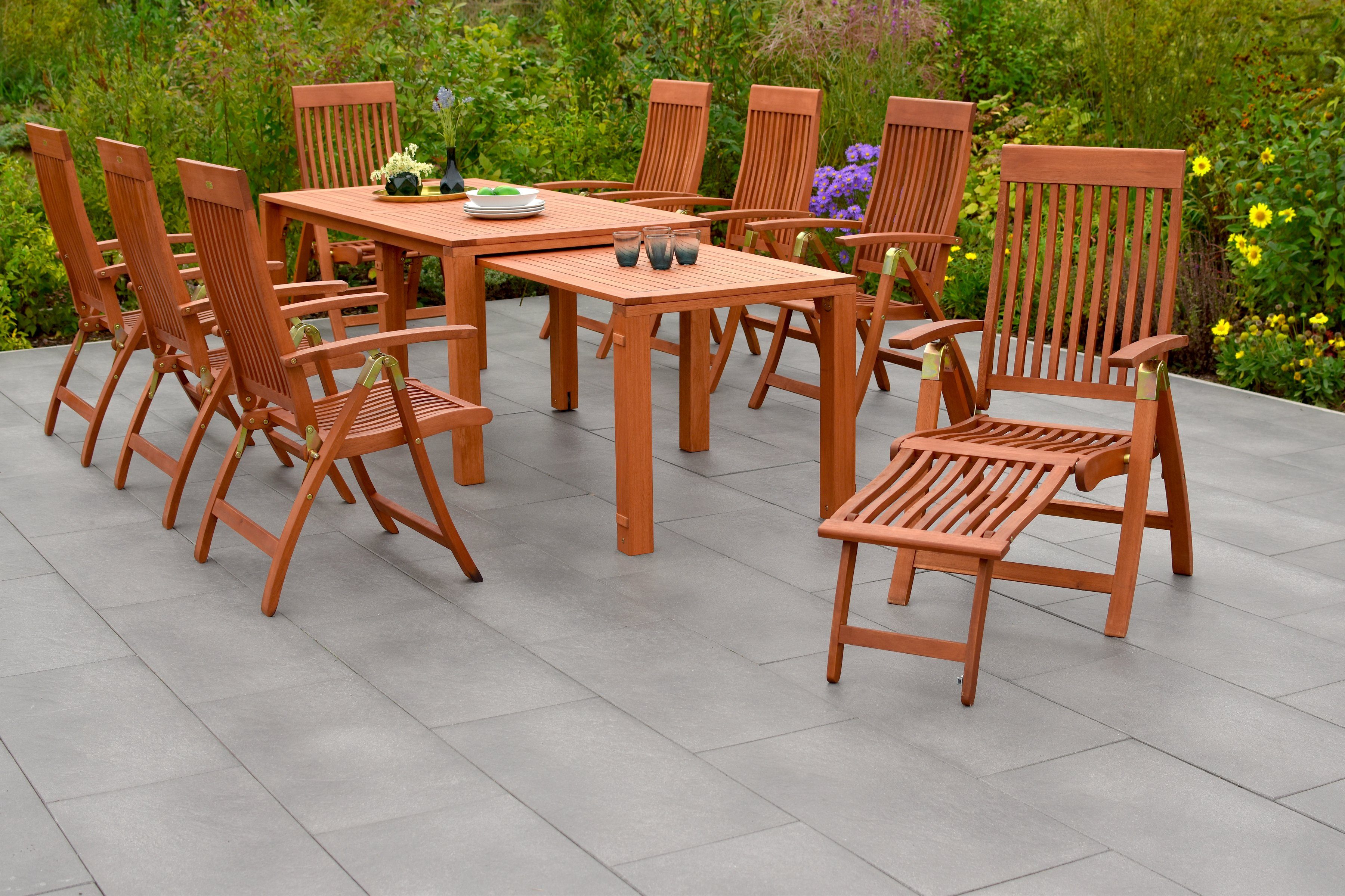 MERXX Tuin-eethoek Comodoro 6 inklapbare stoelen, 2 inklapbare stoelen met voetensteun, uitschuifbare tafel (set, 9-delig)