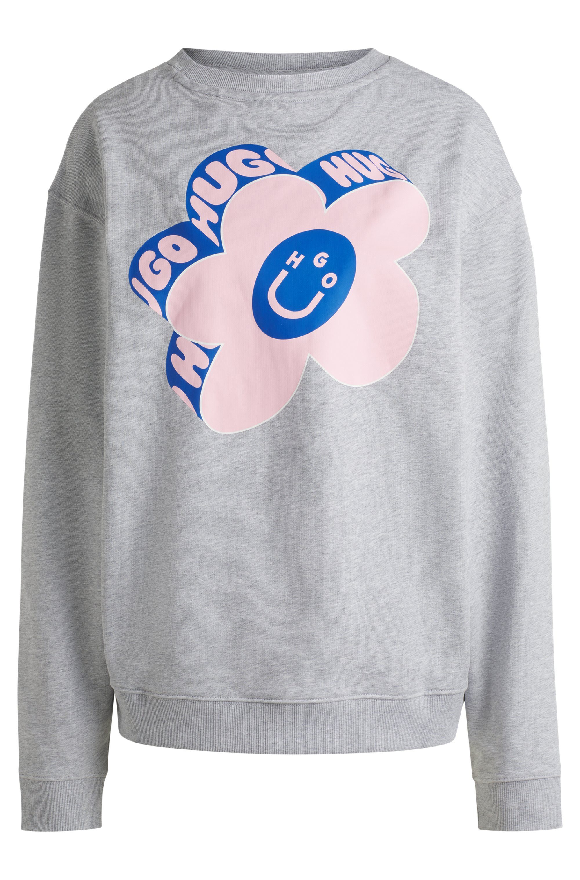 HUGO Blue Sweatshirt Oversized crew met bloemenprint op de achterkant, straß logo print