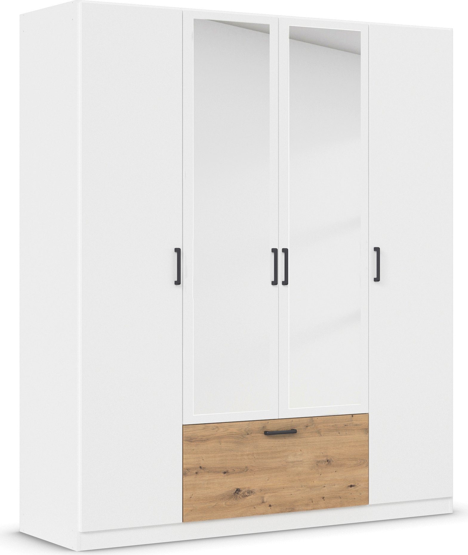 rauch Draaideurkast Kledingkast kast garderobe waskast BARI met spiegel met lades in het midden, moderne greep in grijs metallic made in germany