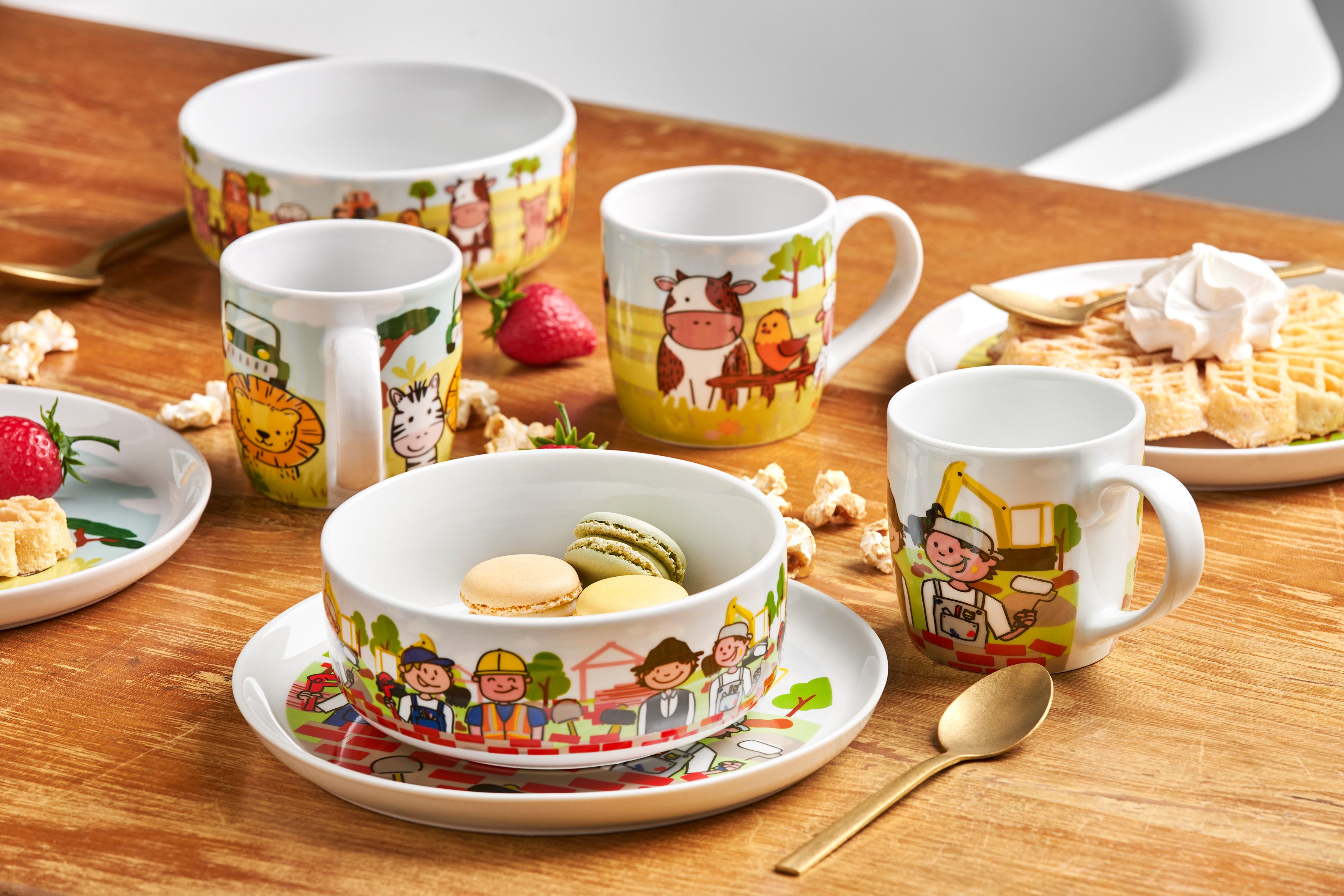 van Well Kinderservies-set Kinderset bouwplaats, 3-delig, servies-set, service met kleurrijke decor, vaatwasmachine- en magnetronbestendig (set, 3-delig)
