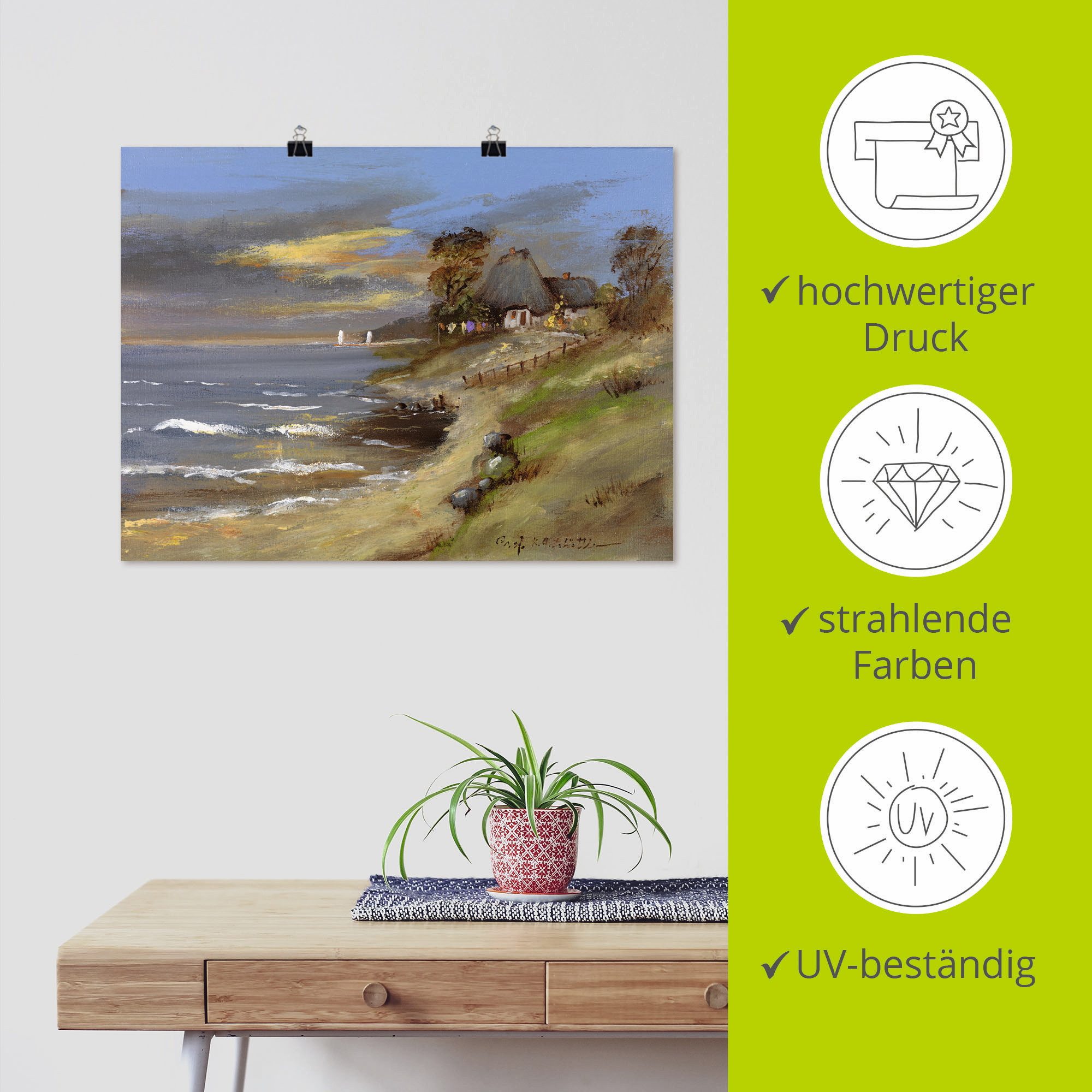 Artland Poster Wit huis met rieten dak aan de zee als artprint op linnen, muursticker of poster in verschillende maten