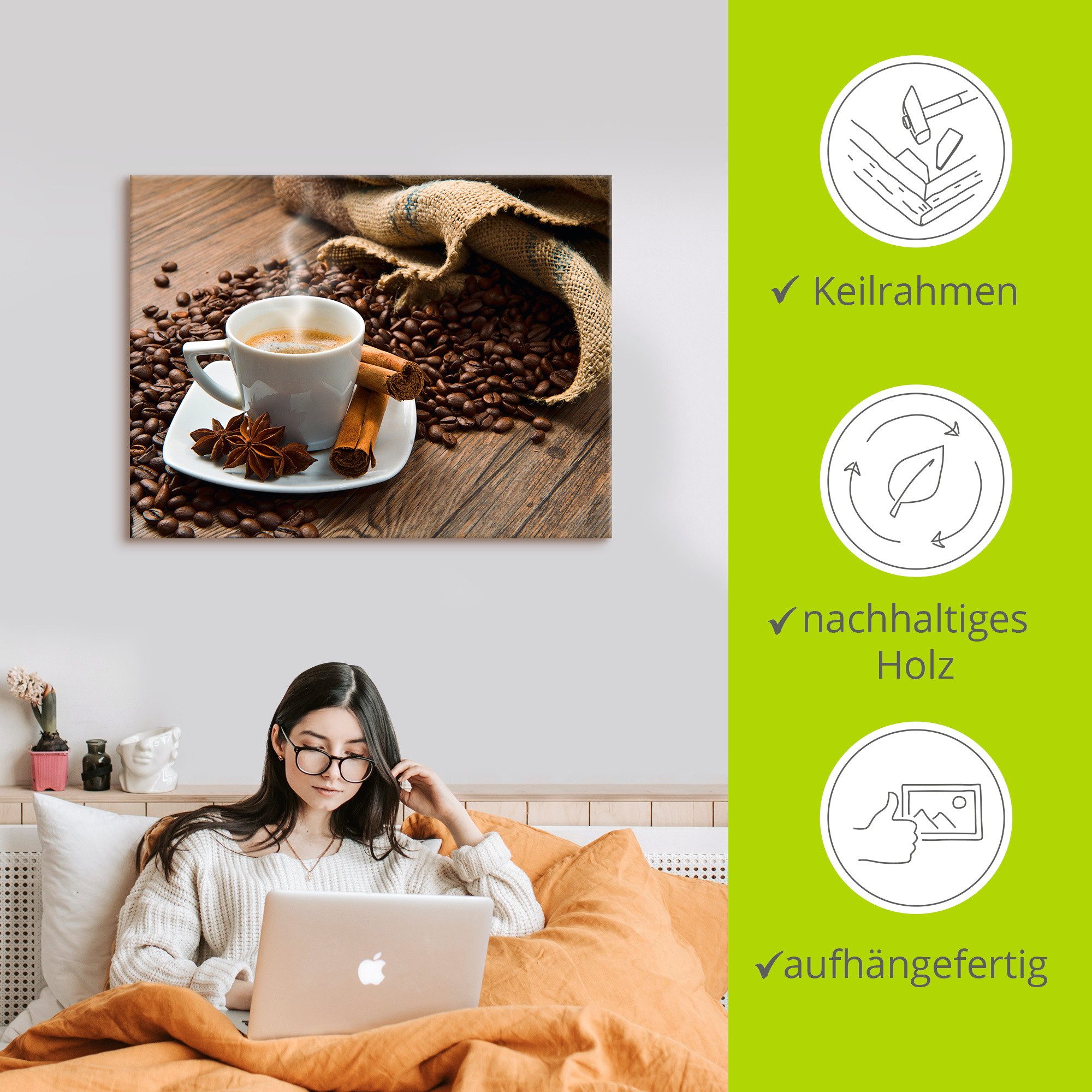 Artland Artprint Koffiekopje linnen zak met koffiebonen als artprint op linnen, poster in verschillende formaten maten