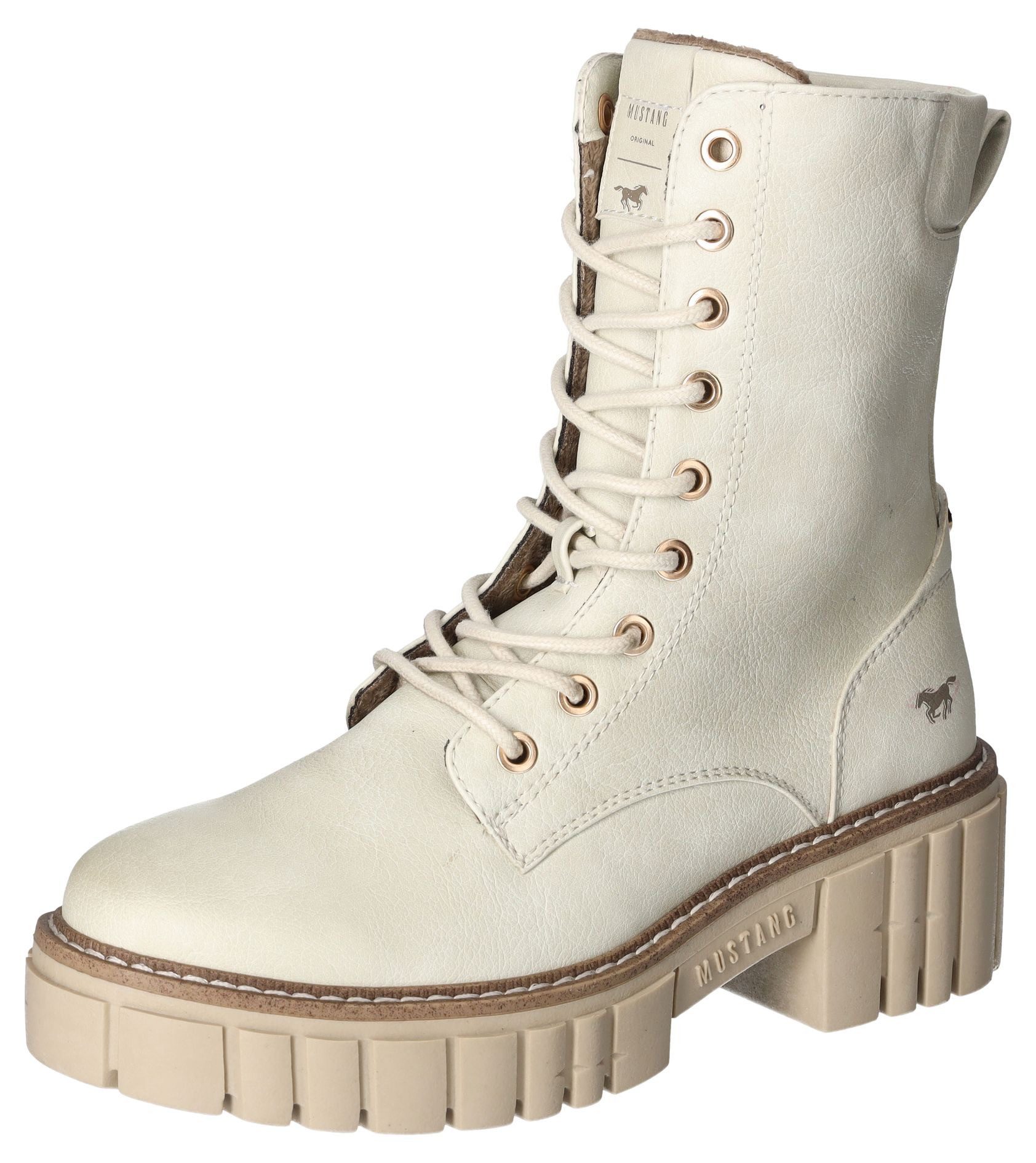 Mustang Shoes Veterschoenen hakken, veterschoenen met sterke profielzool dames veterlaarsjes maat 41 beige