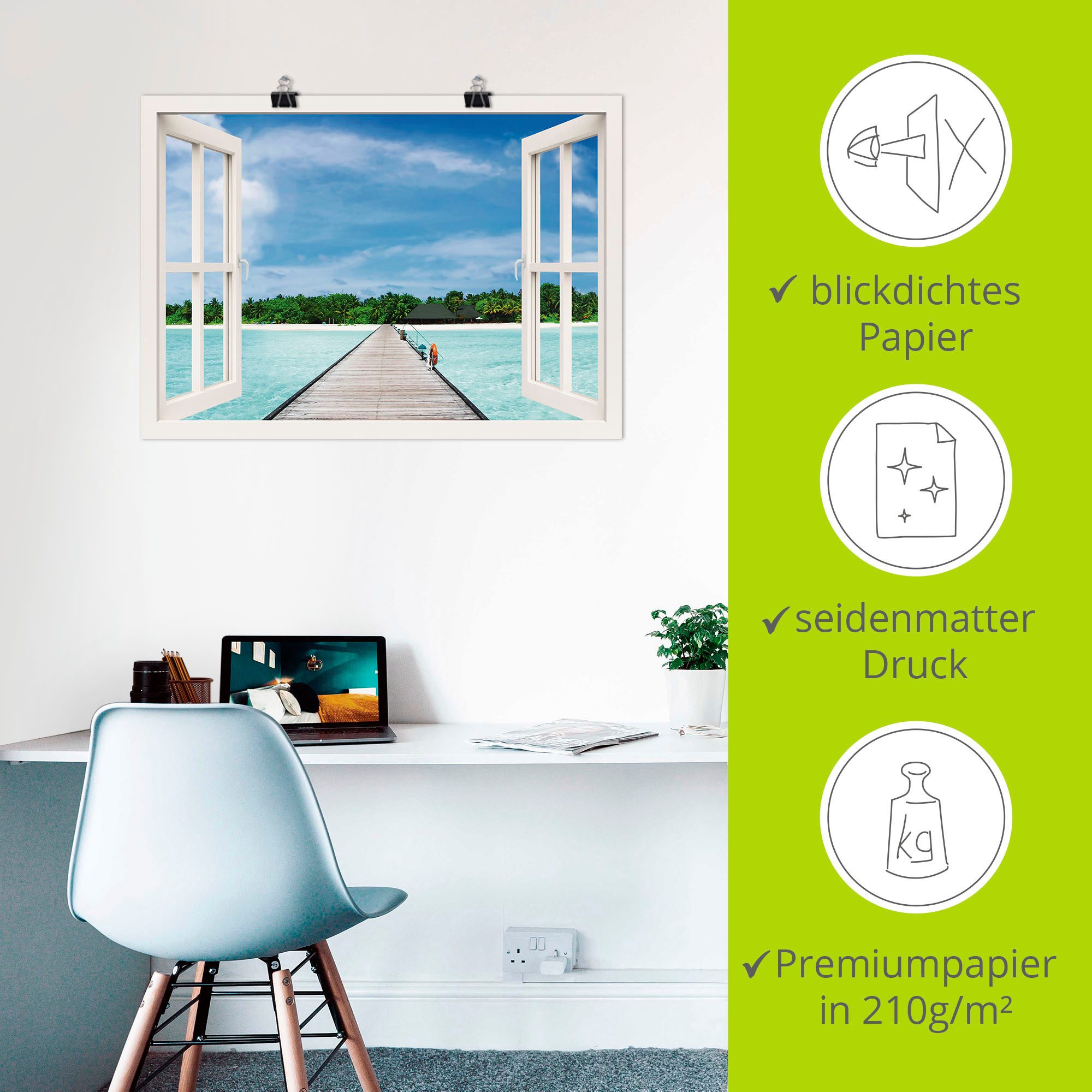 Artland Artprint Blik uit het venster Maldivisch paradijs als artprint op linnen, poster, muursticker in verschillende maten