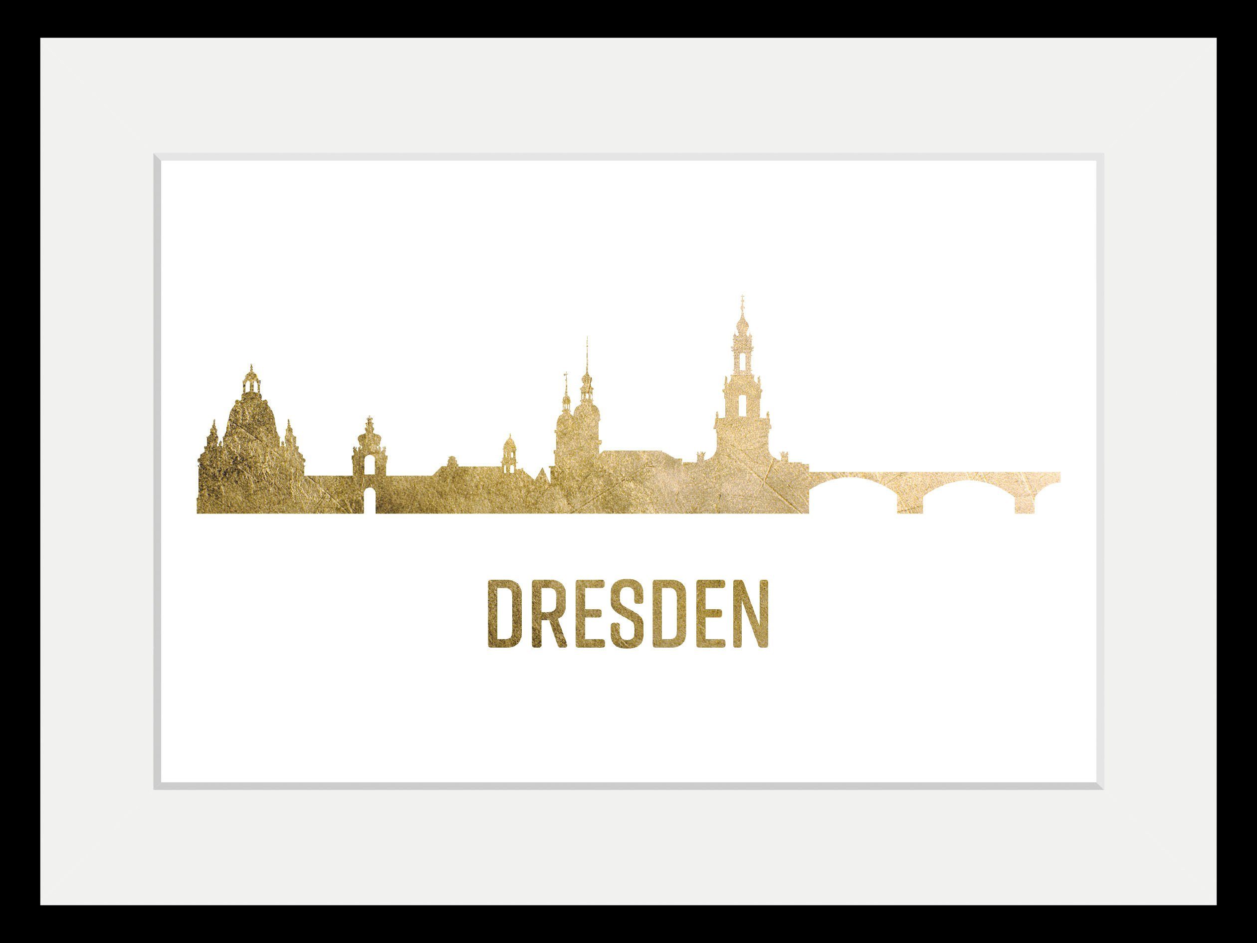 queence Wanddecoratie Dresden skyline GOLD HD premium posterdruk incl. houten lijst (1 stuk)
