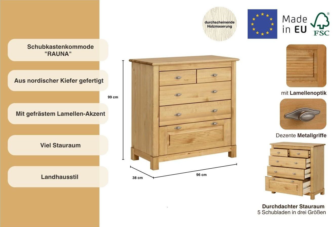 Home affaire Ladekast Rauna van massief grenen, met 5 laden, breedte 96 cm