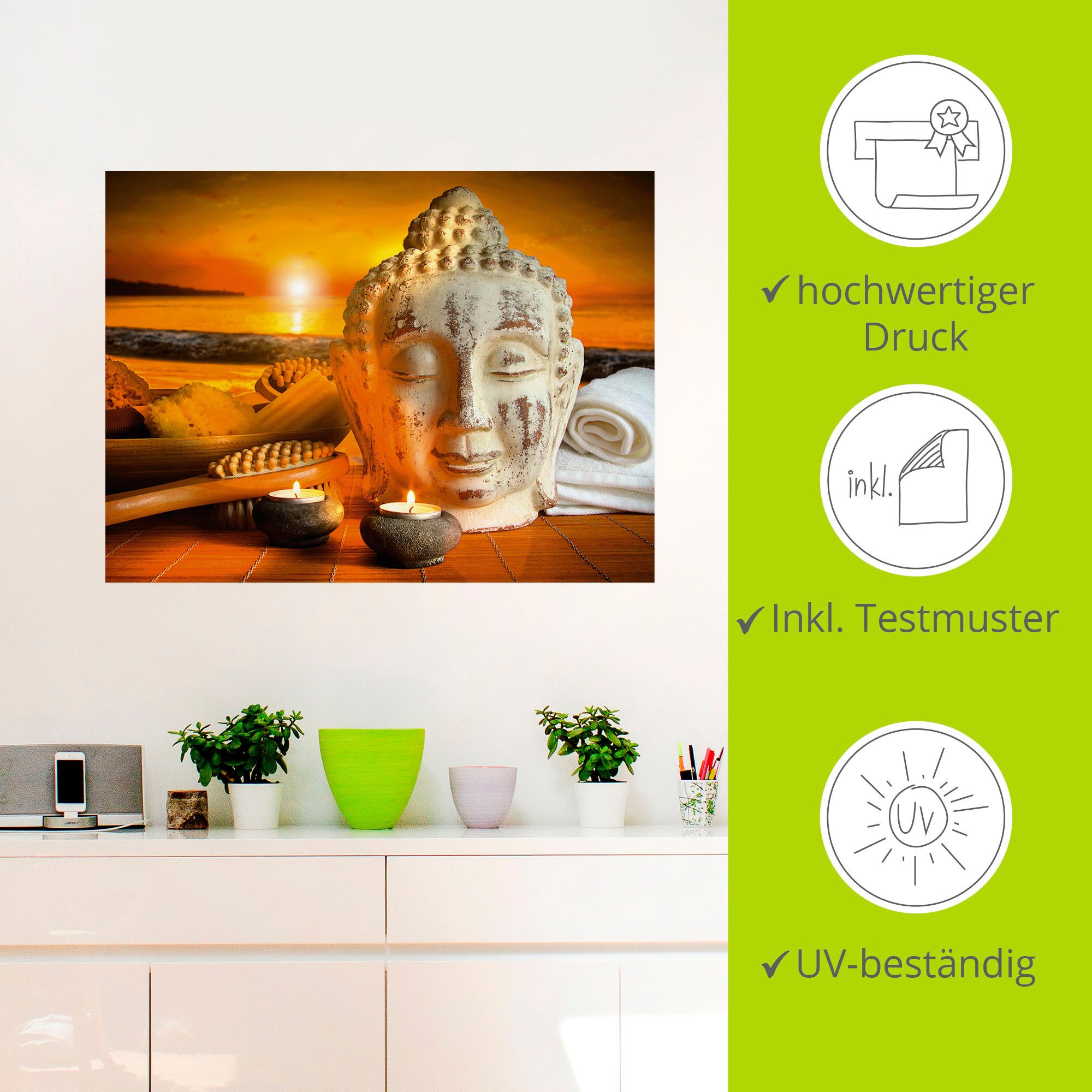 Artland Artprint Bad-accessoires met boeddha-standbeeld als artprint van aluminium, artprint op linnen, muursticker, verschillende maten
