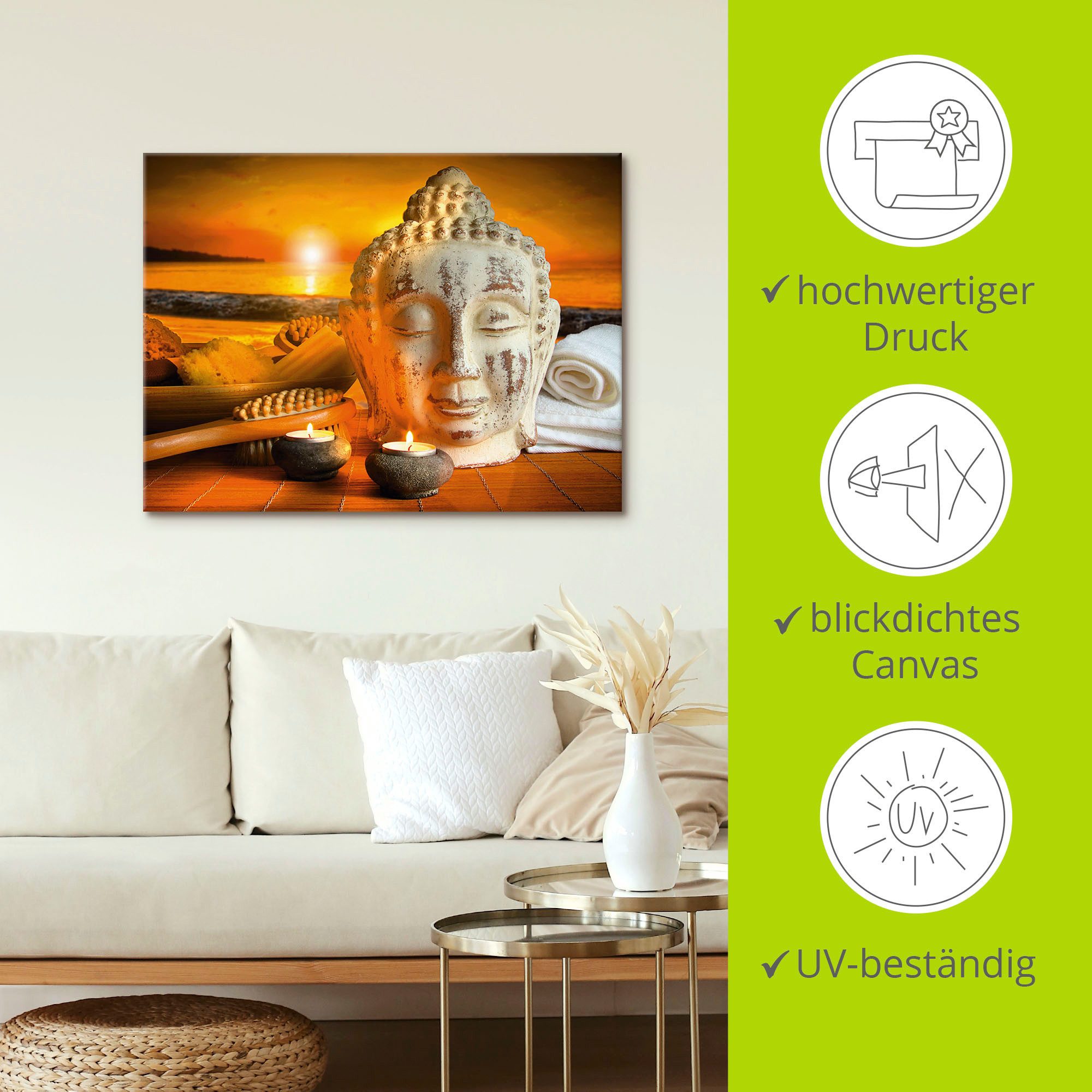 Artland Artprint Bad-accessoires met boeddha-standbeeld als artprint van aluminium, artprint op linnen, muursticker, verschillende maten