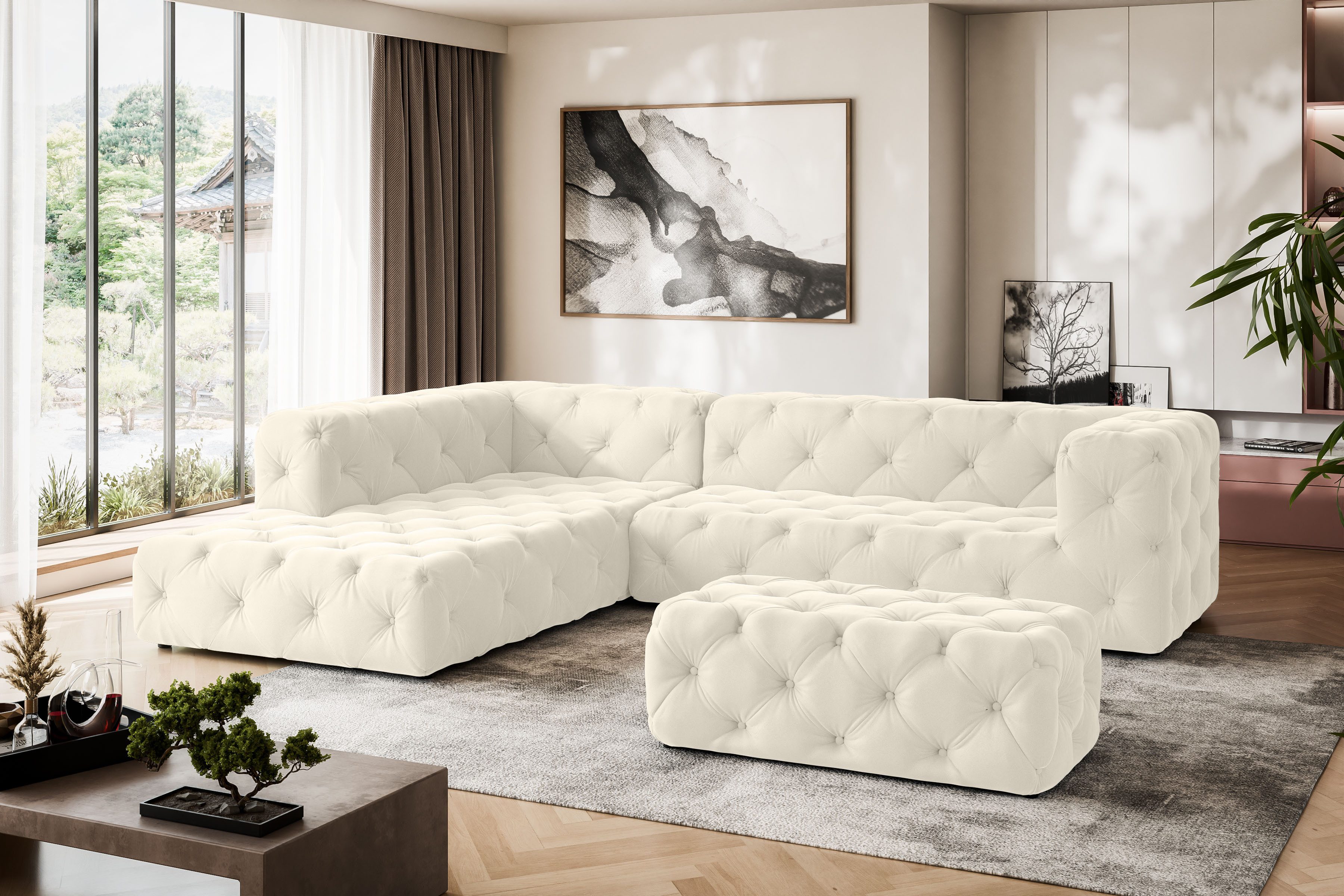 Places of Style Hocker FOLLINA Beklede poef met klassieke Chesterfield-knopafwerking