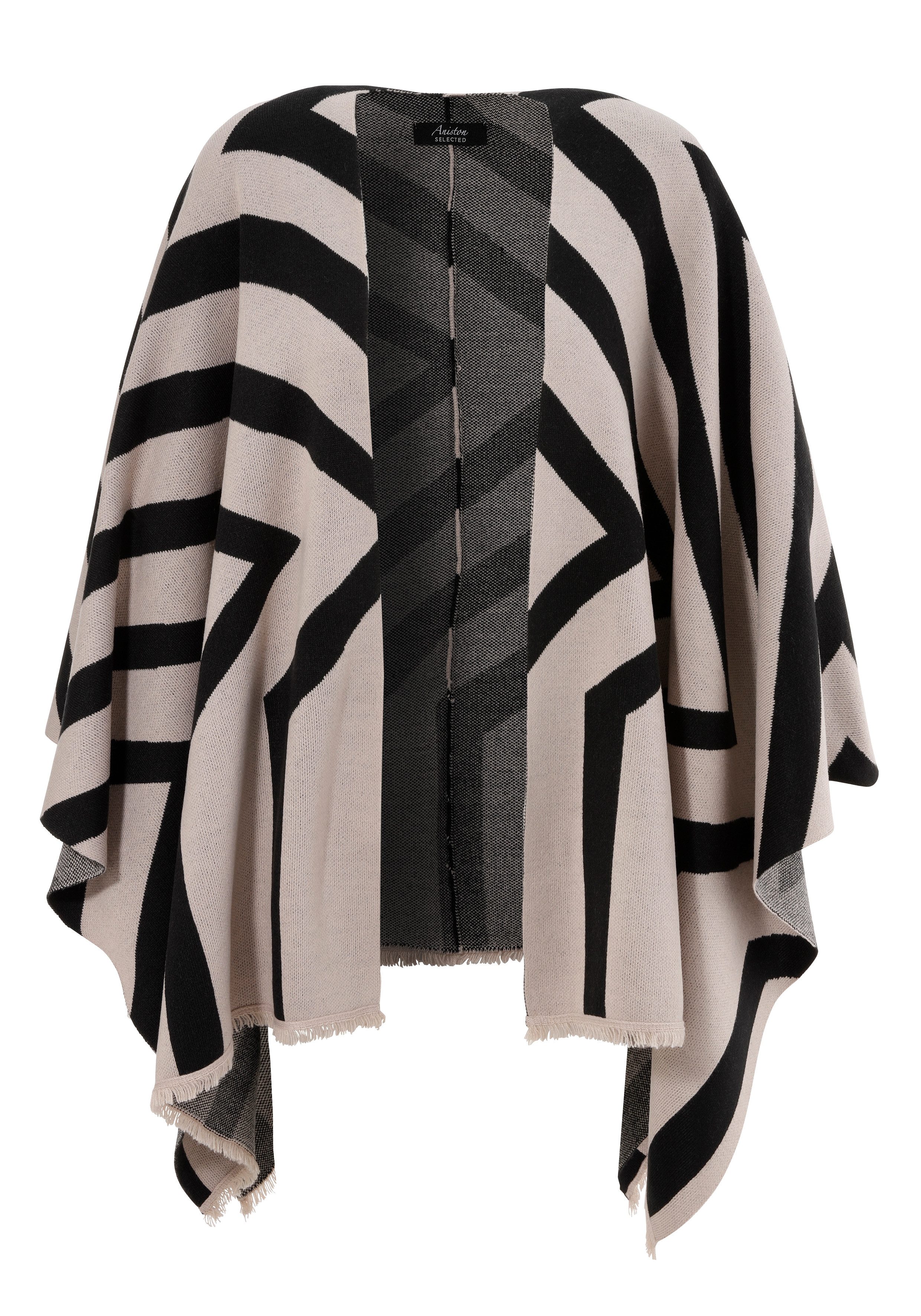 Aniston SELECTED Gebreide poncho sjaal met franjes en grafisch patroon