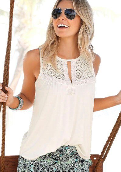 Lascana Strandtop met kantinzetten, dames-top van katoenmix dames tops maat 40/42 beige