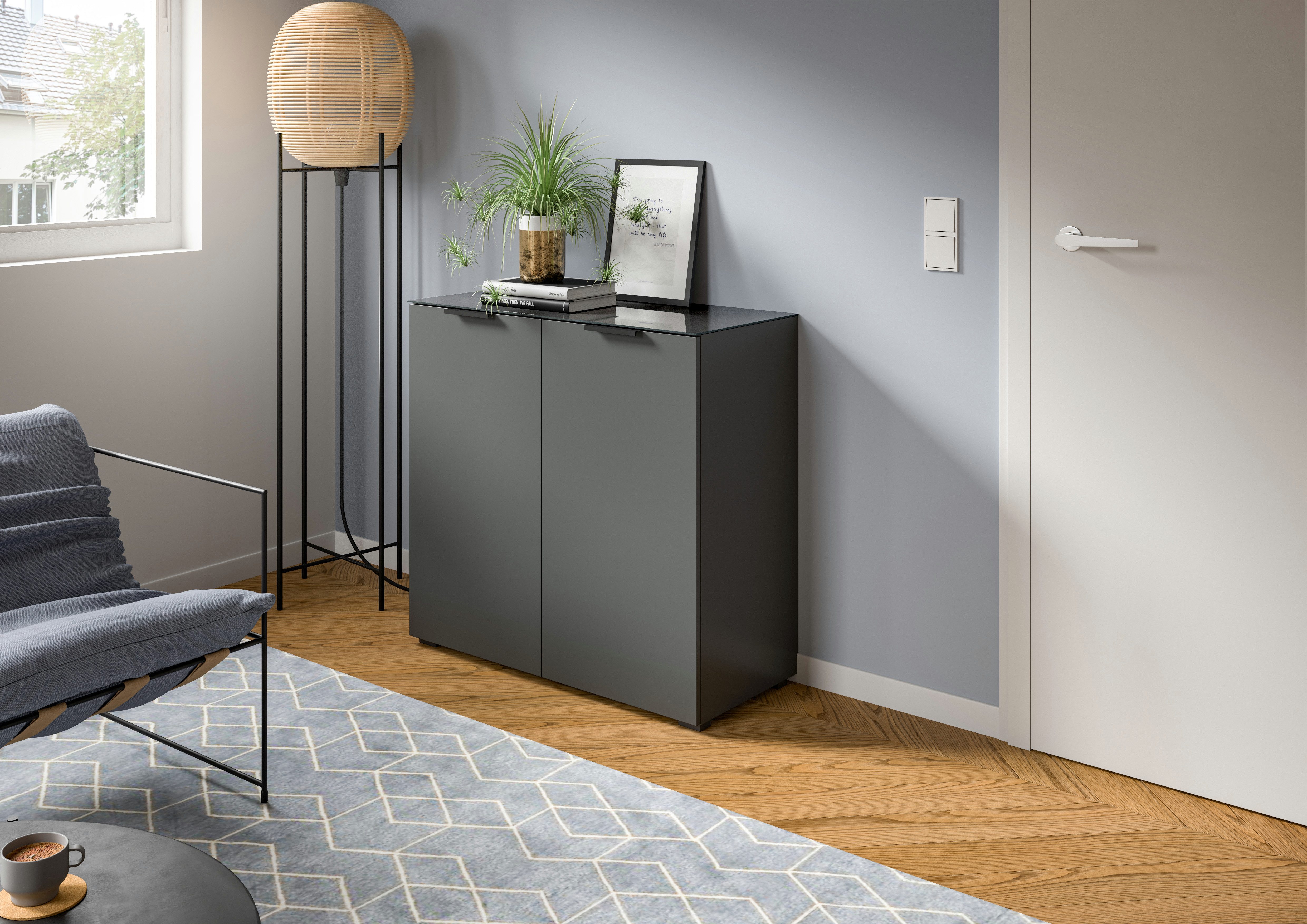 INOSIGN Kast Raio, Breedte 90 cm, 2 deuren, 2 legplanken, Bovenblad met glasplaat dressoirs grijs