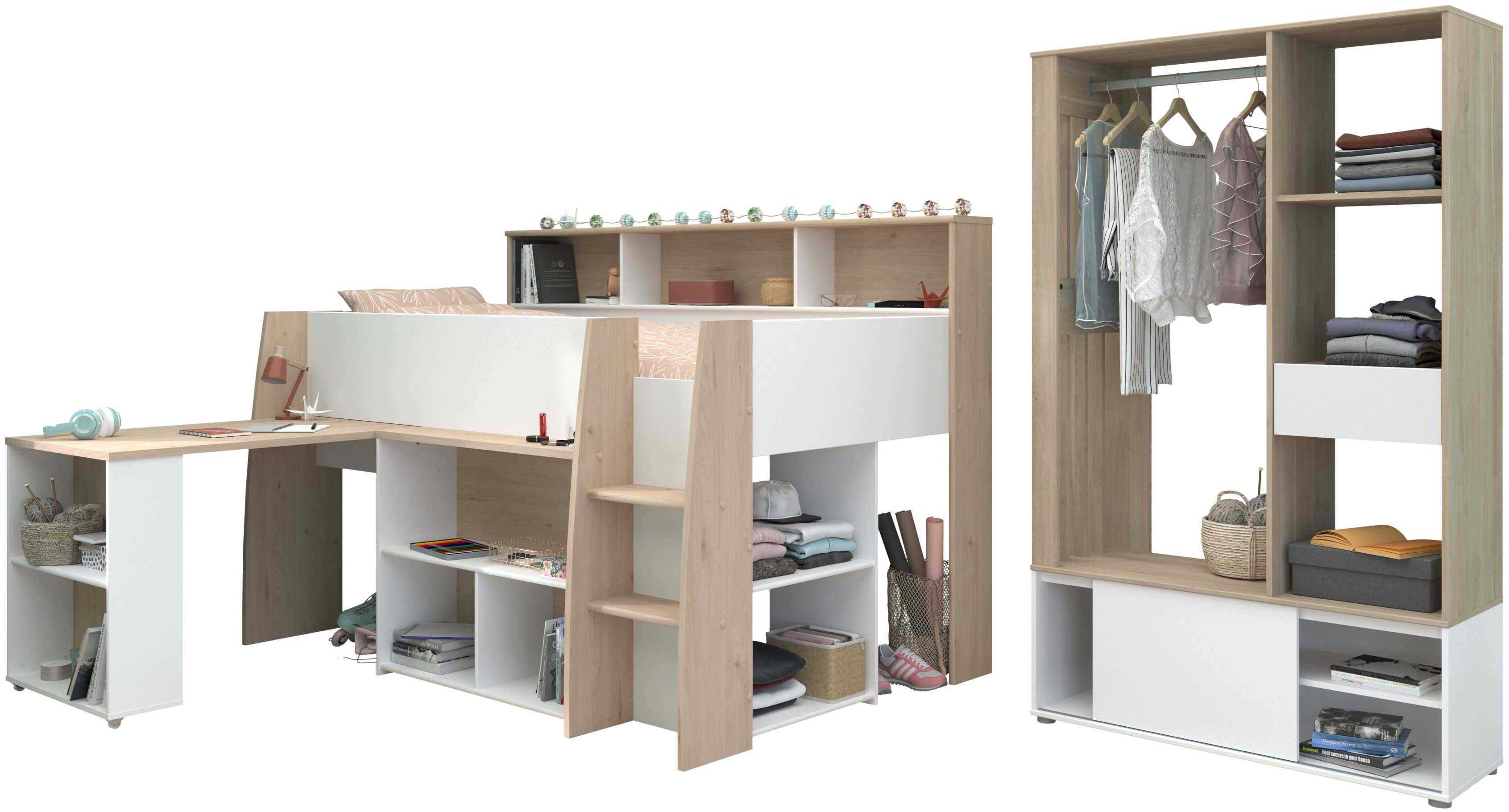 Parisot Tienerkamerset Parisot Lucas 11 Bureau uittrekbaar, kledingkast open, planken en rekken (2-delig) complete kinderkamers