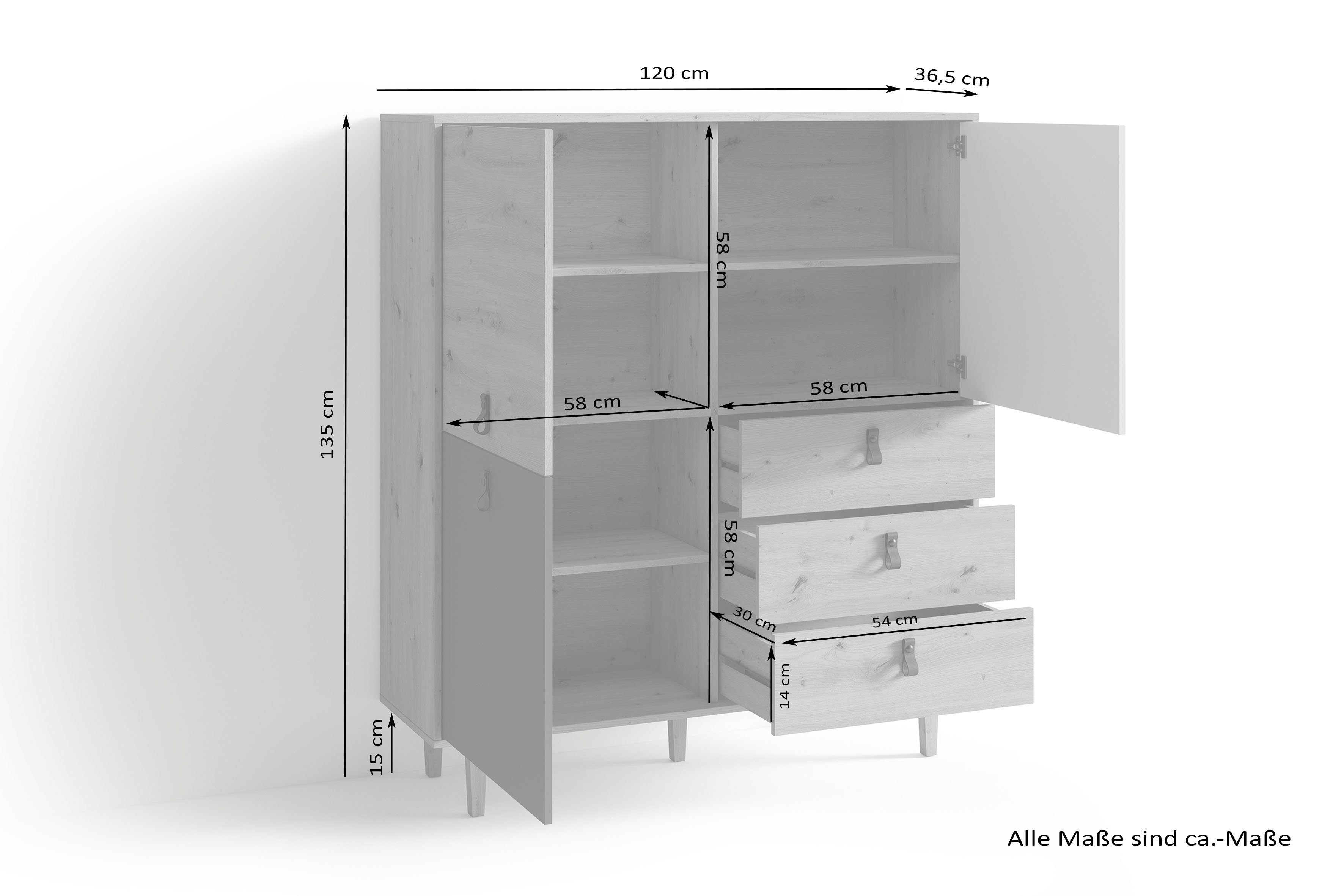 INOSIGN Highboard Bill, met drie lades en drie deuren, 120 cm breed met verstelbare legplanken, massieve houten poten