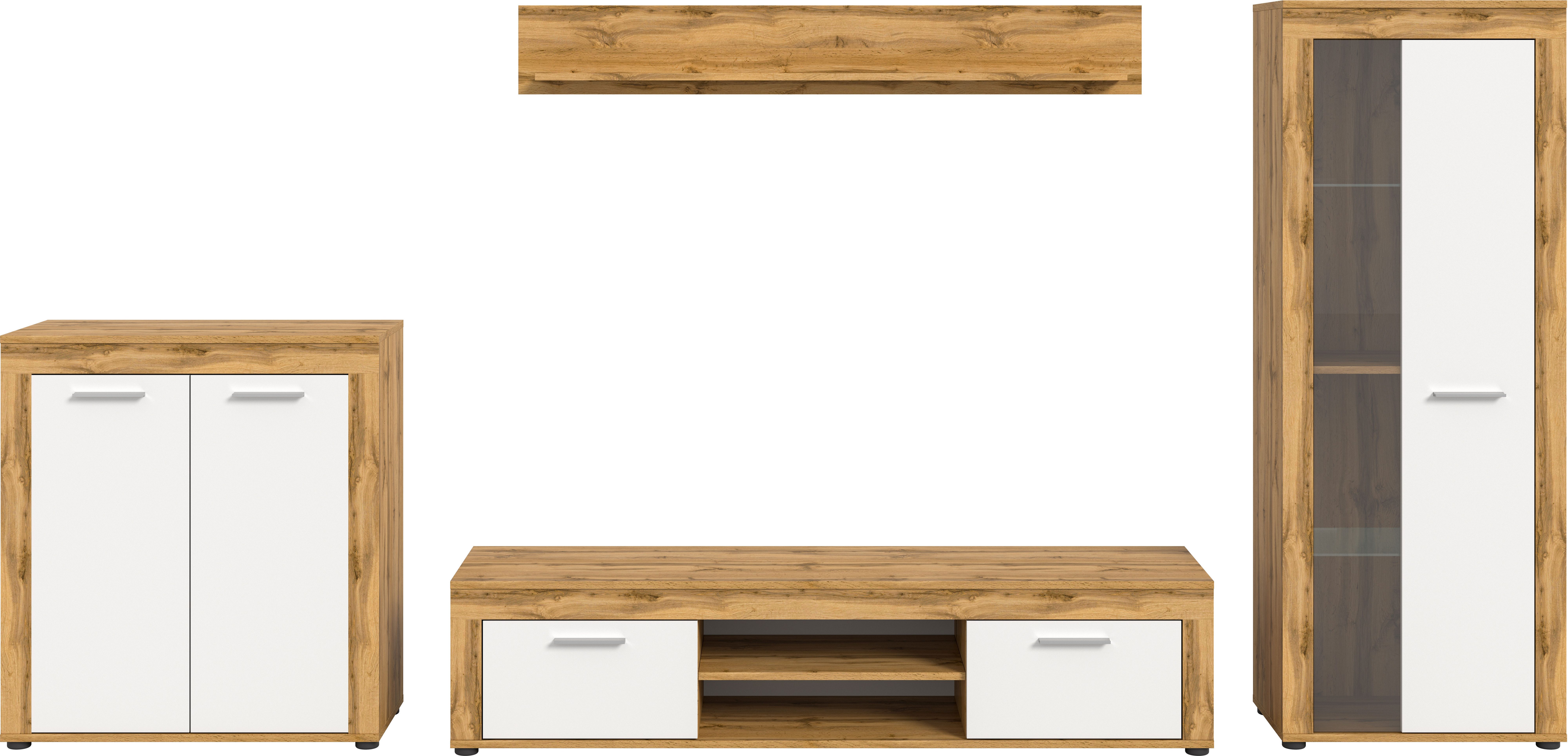 INOSIGN Wandmeubel Aosta, Breedte 330cm, bestaand uit Highboard, Lowboard, Wandplank, Vitrine (4 stuks)