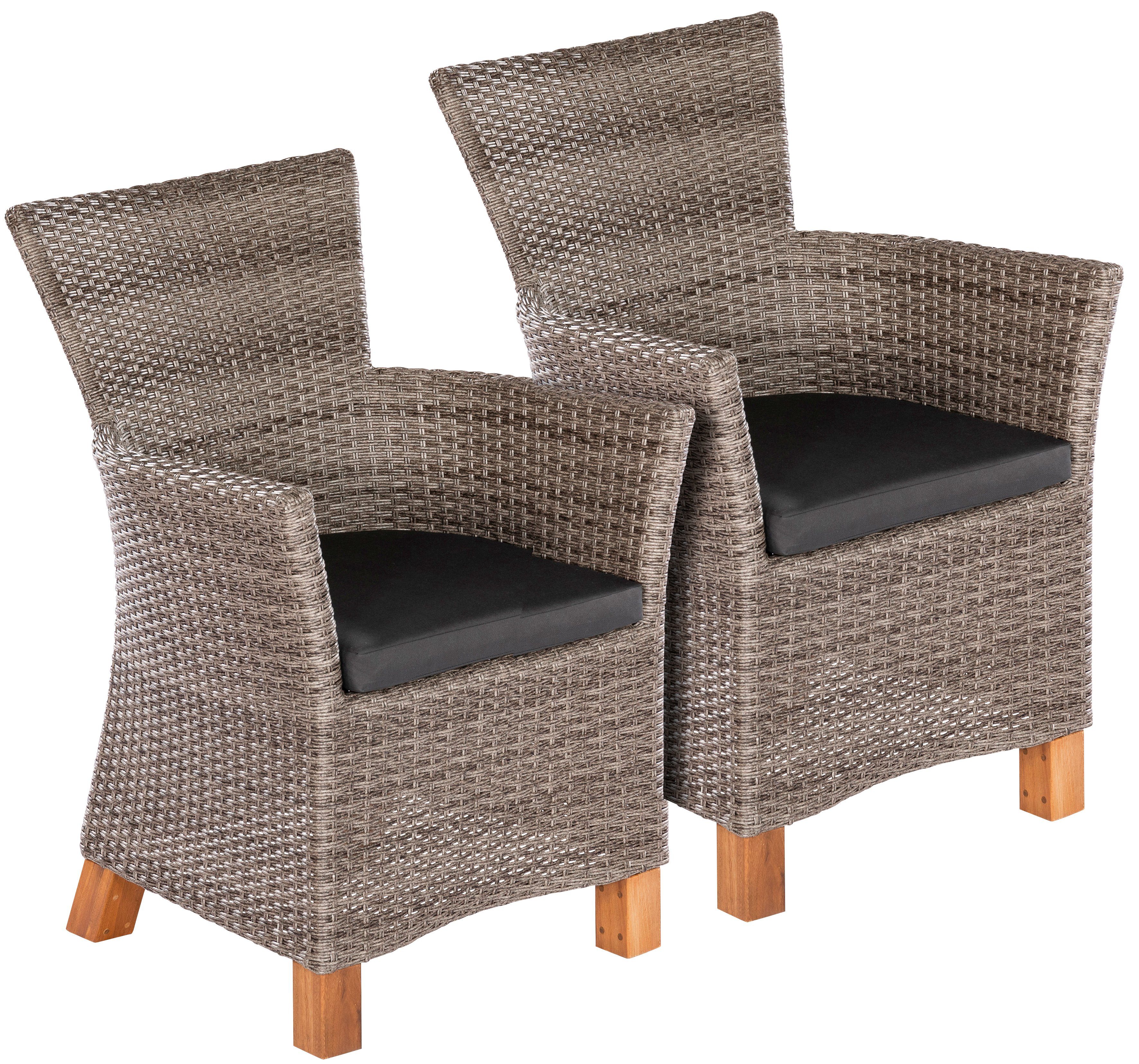 MERXX Tuinstoel Toscane set van 2, polyrotan/acacia, incl. kussen, grijs/bruin (set, 2 stuks)