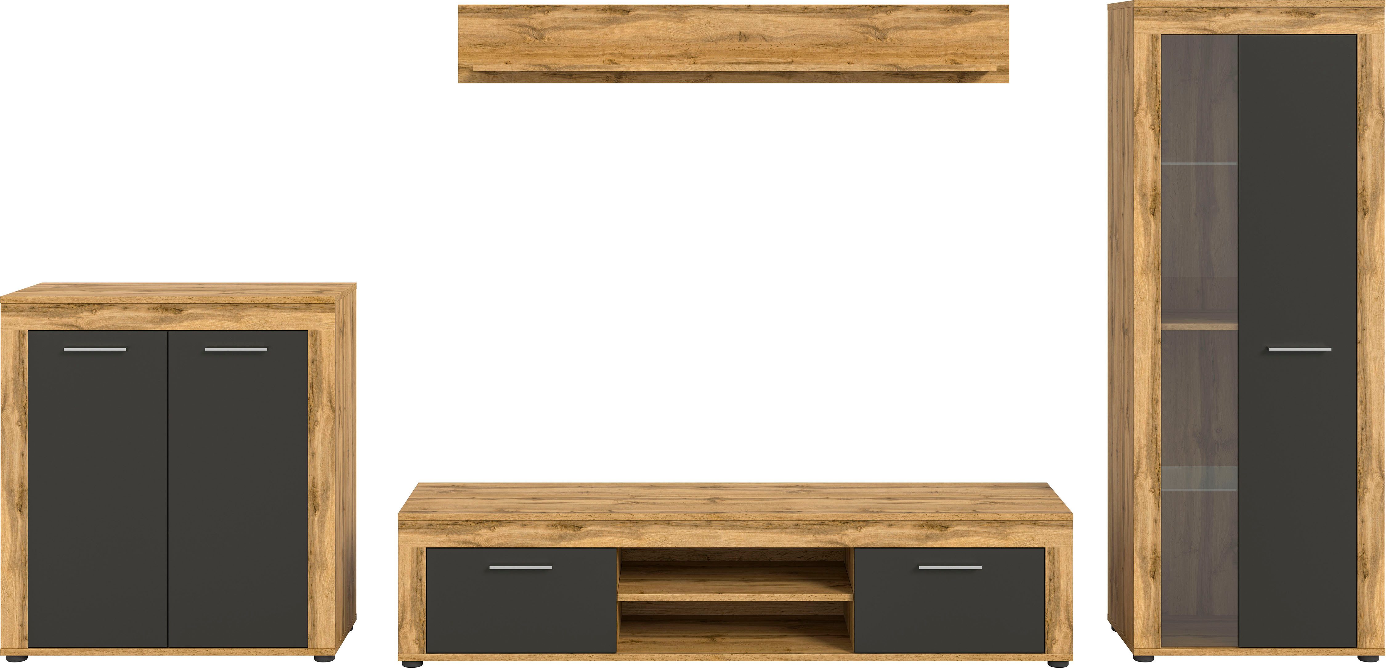 INOSIGN Wandmeubel Aosta, Breedte 330cm, bestaand uit Highboard, Lowboard, Wandplank, Vitrine (4 stuks)