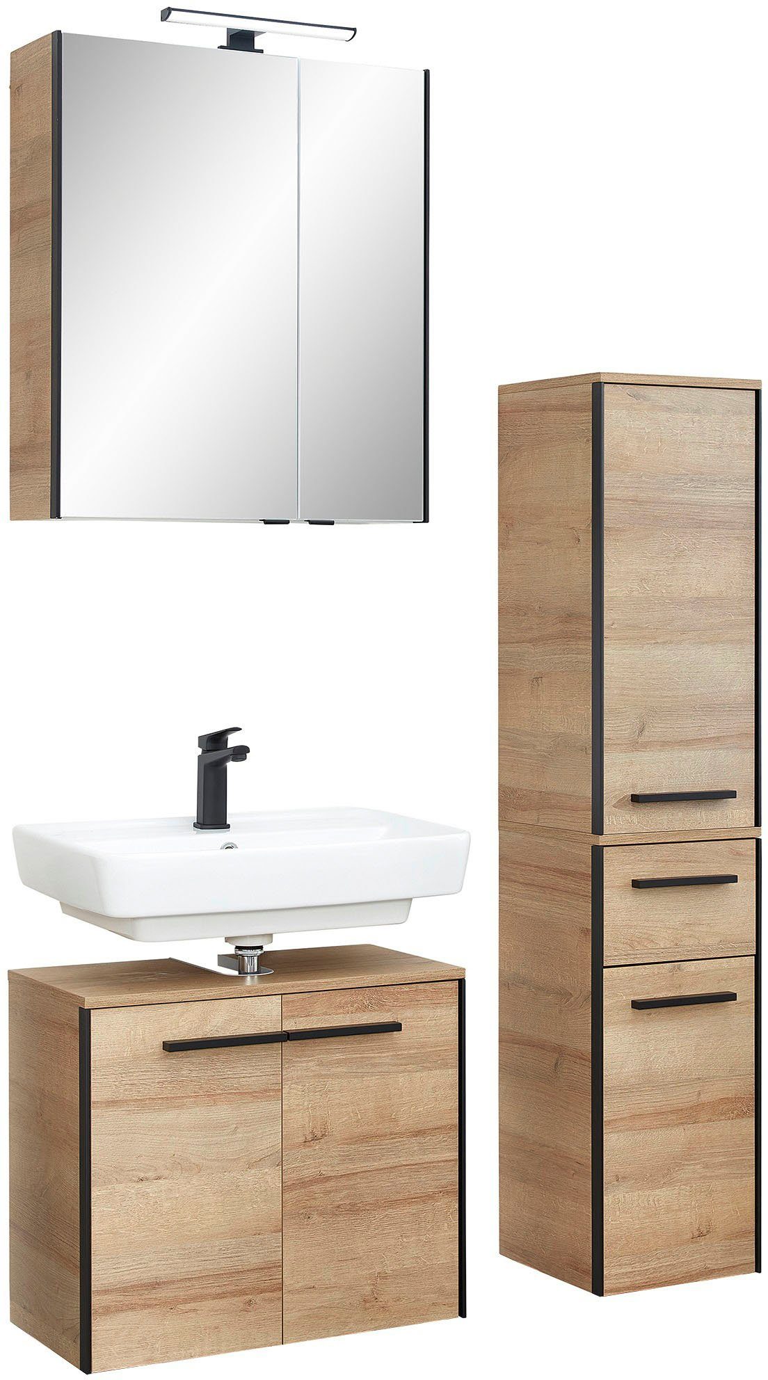 Saphir Badkamerserie Quickset 395 3-delig, wastafelonderkast met led-spiegelkast Middel kast, incl. deurdemper, 6 deuren, 1 lade, badkamer set (4-delig)