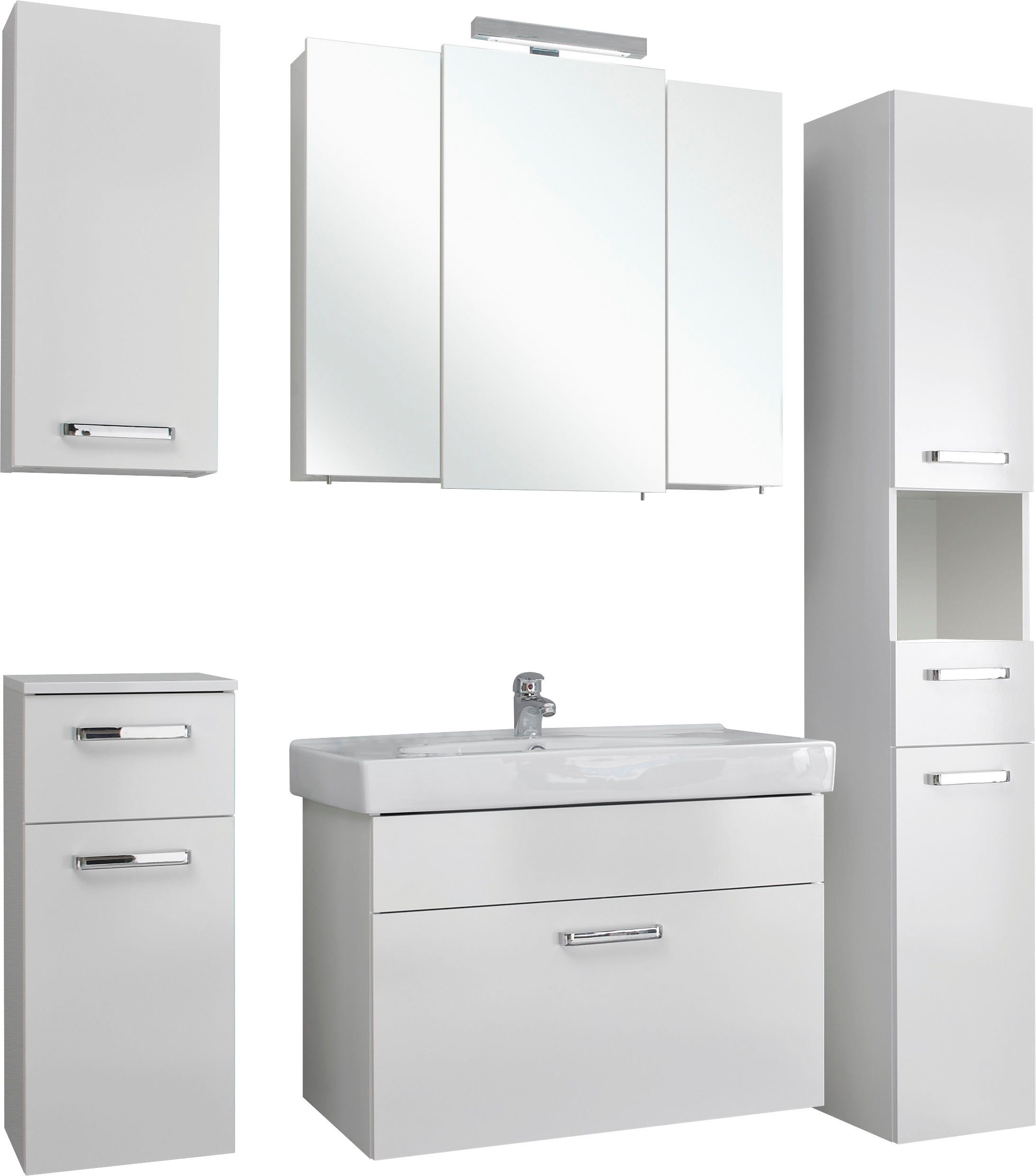 Saphir Badkamerserie Quickset 5-delig, keramieken wastafelonderkast met led-spiegelkast (6-delig) badmeubelsets wit