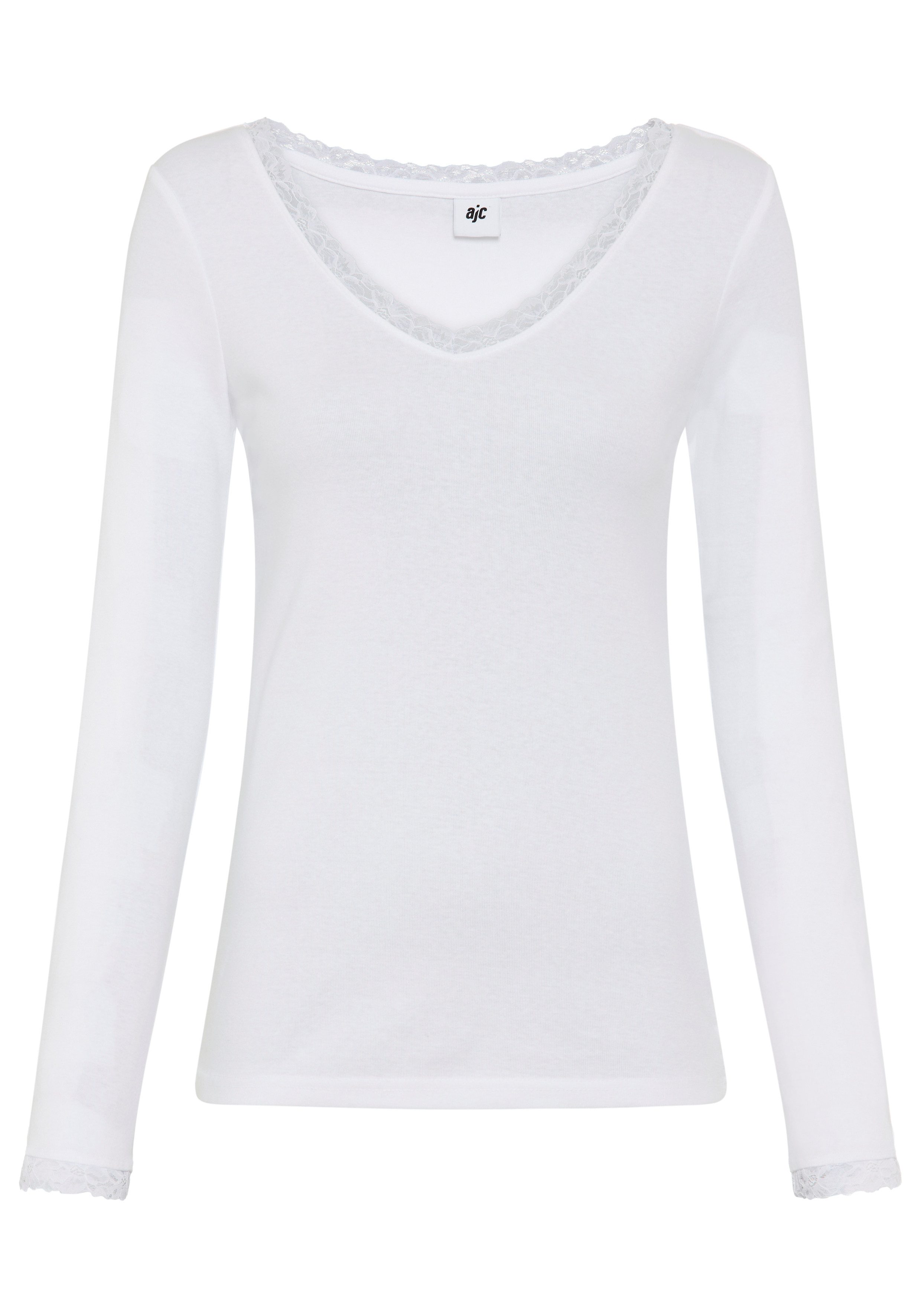 AJC Shirt met lange mouwen zeer figuurvolgend, effen, v-hals met kantrand