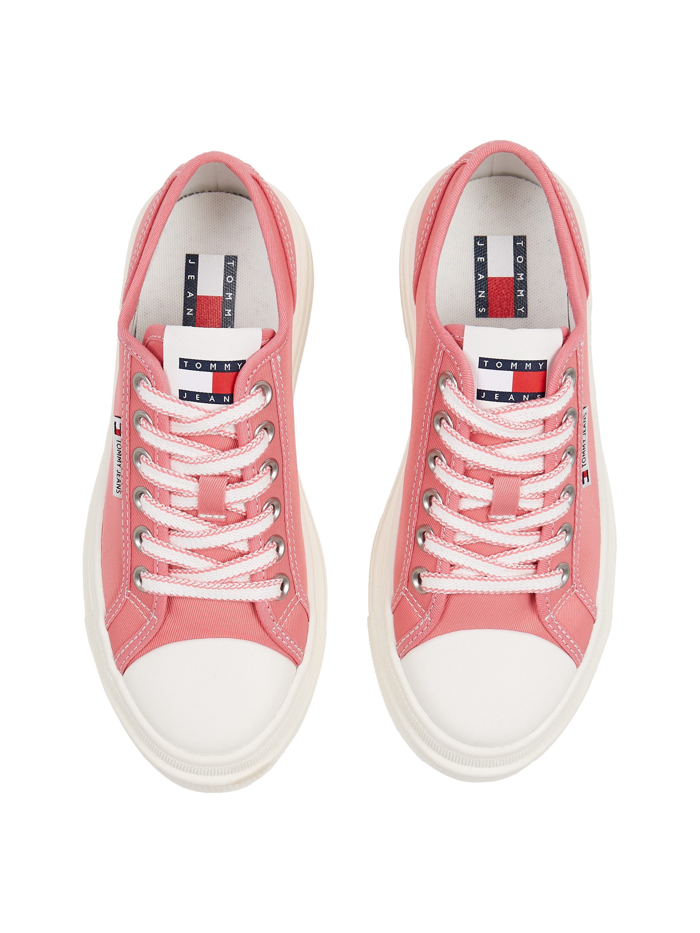 TOMMY JEANS Plateausneakers TJW FOXING FLATFORM SNEAKER LOW vrijetijdsschoen, lage schoen, veterschoen met trendy contraststiksels